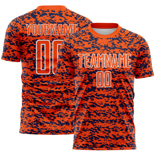 Custom Orange Navy-White Geometric Fragment Splatter Sublimation Soccer Uniform Jersey - Main View