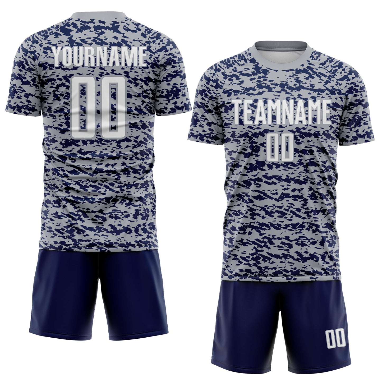 Custom Gray White-Navy Geometric Fragment Splatter Sublimation Soccer Uniform Jersey view 2