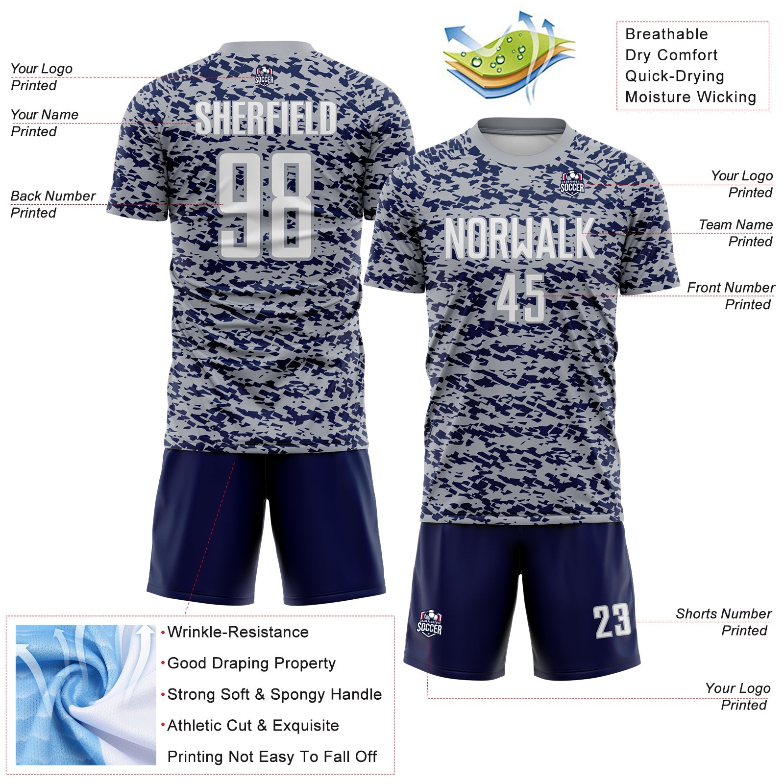 Custom Gray White-Navy Geometric Fragment Splatter Sublimation Soccer Uniform Jersey view 4