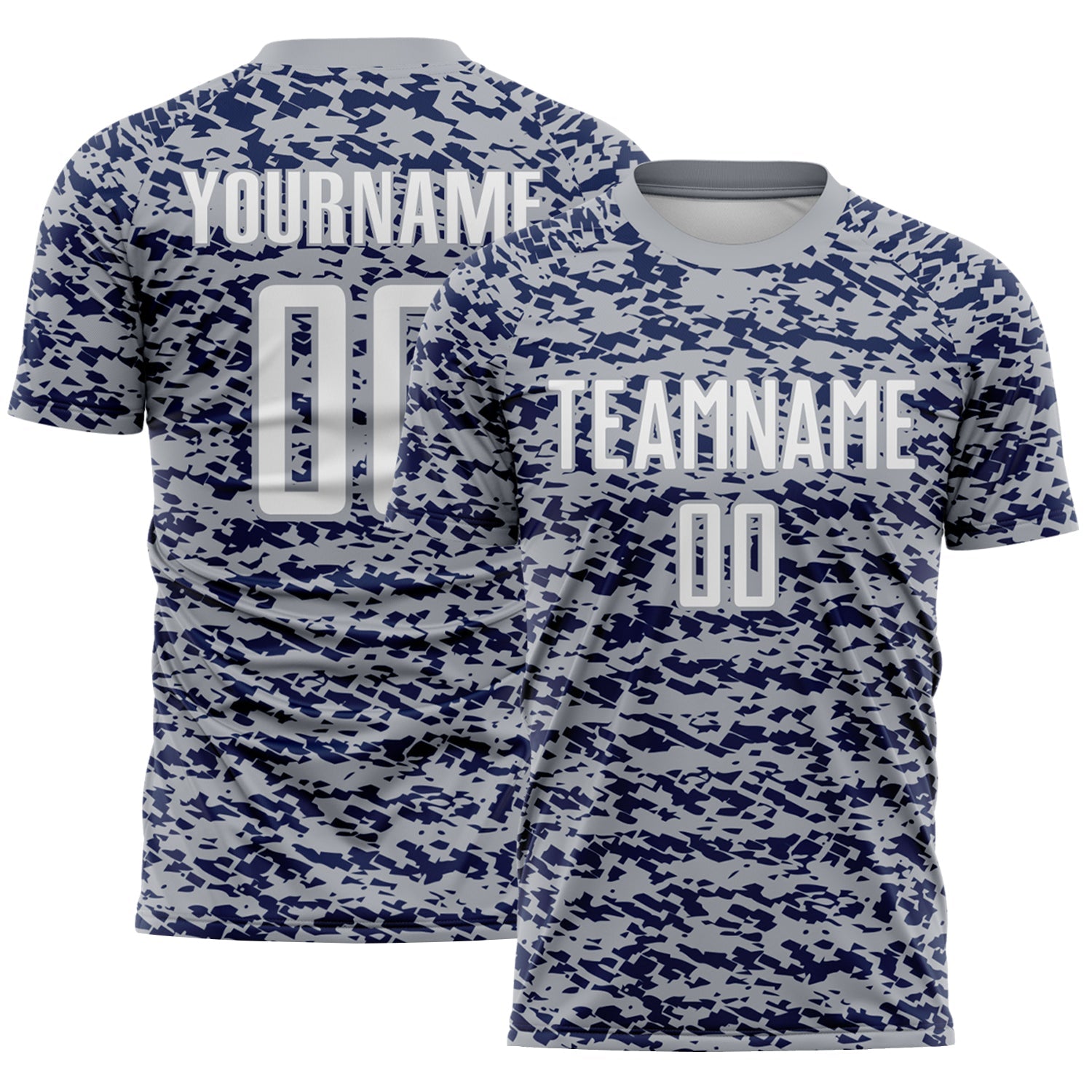 Custom Gray White-Navy Geometric Fragment Splatter Sublimation Soccer Uniform Jersey - Main View