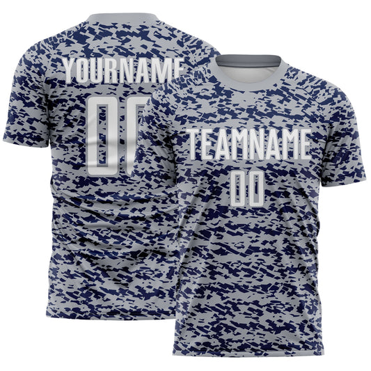 Custom Gray White-Navy Geometric Fragment Splatter Sublimation Soccer Uniform Jersey - Main View