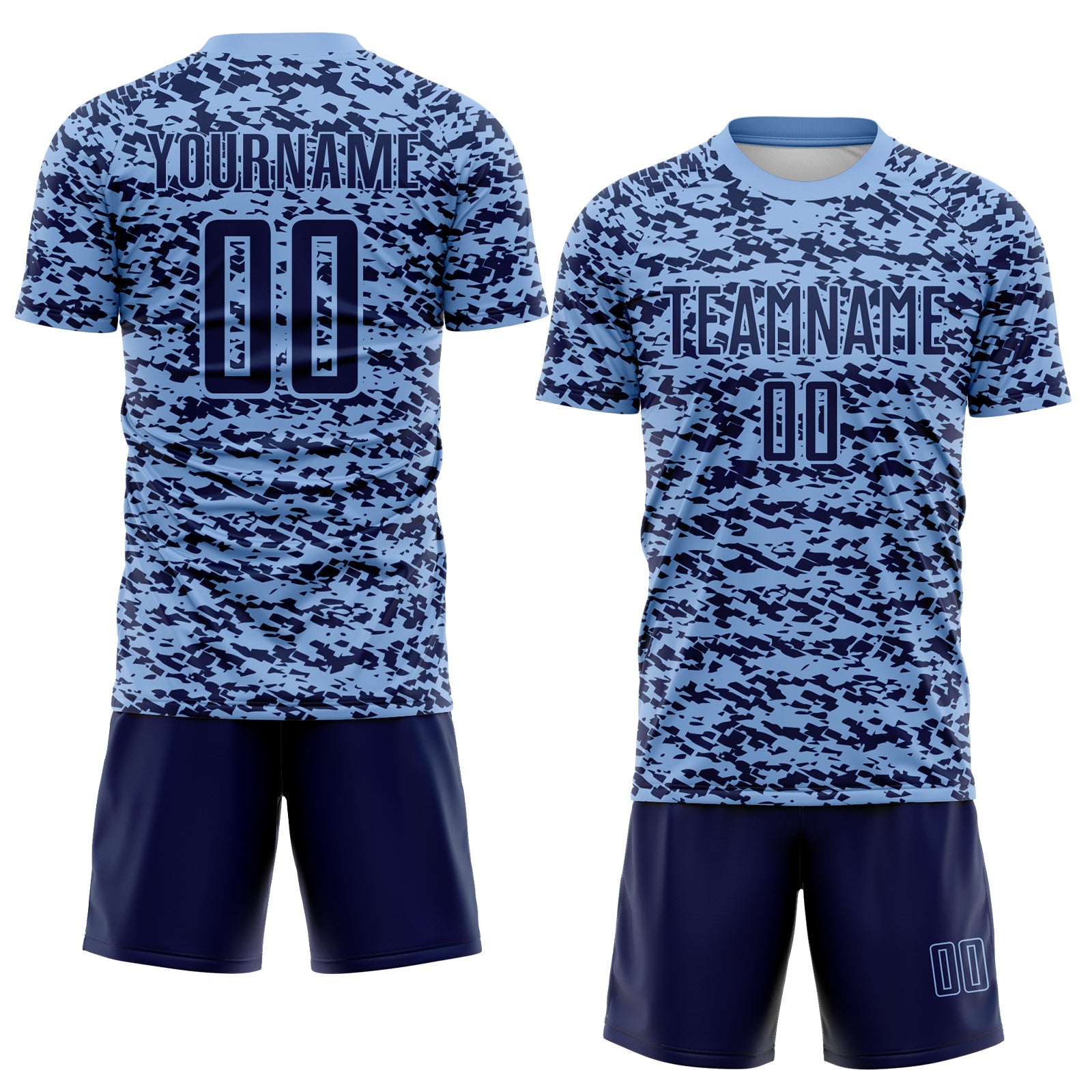 Custom Light Blue-Navy Geometric Fragment Splatter Sublimation Soccer Uniform Jersey view 2