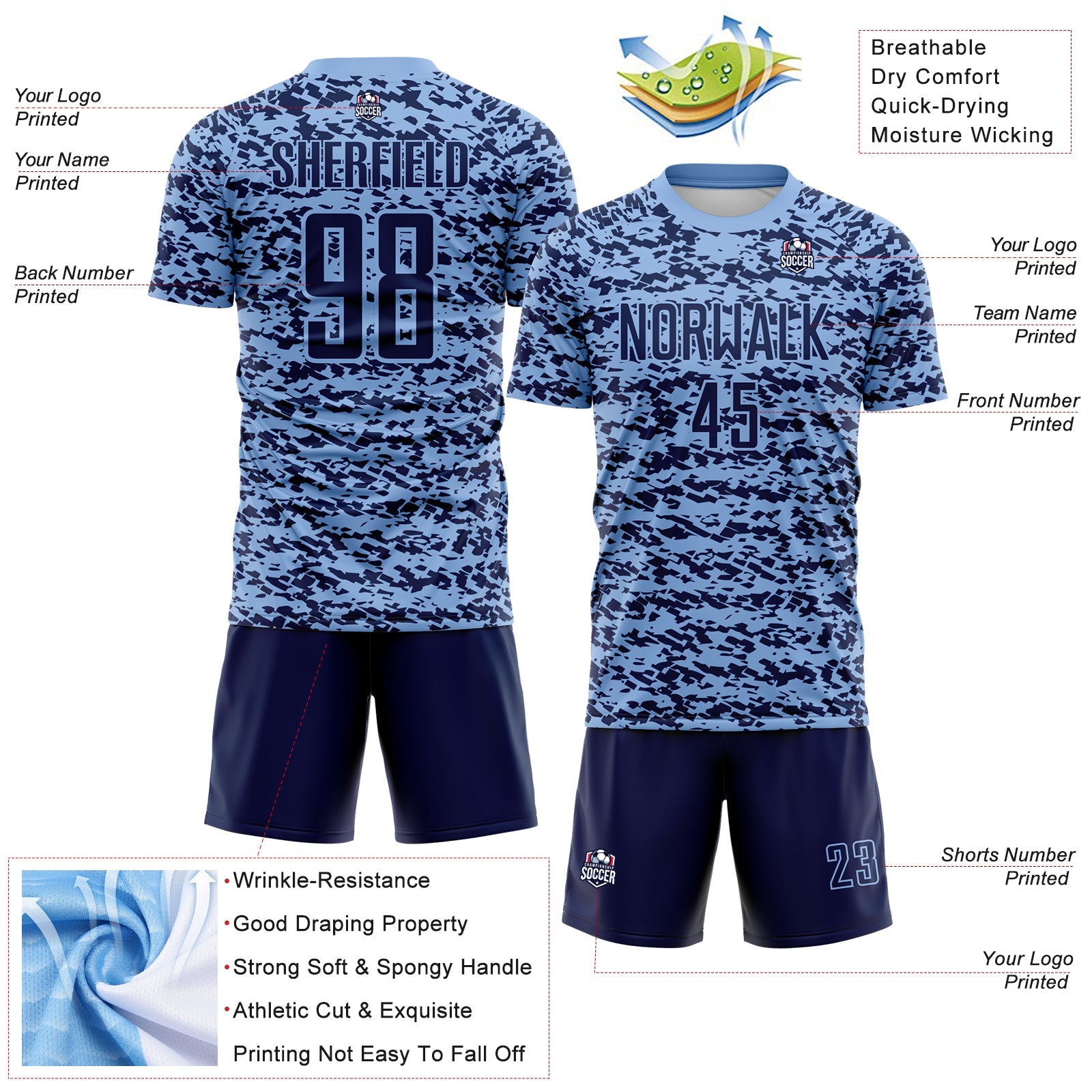 Custom Light Blue-Navy Geometric Fragment Splatter Sublimation Soccer Uniform Jersey view 4