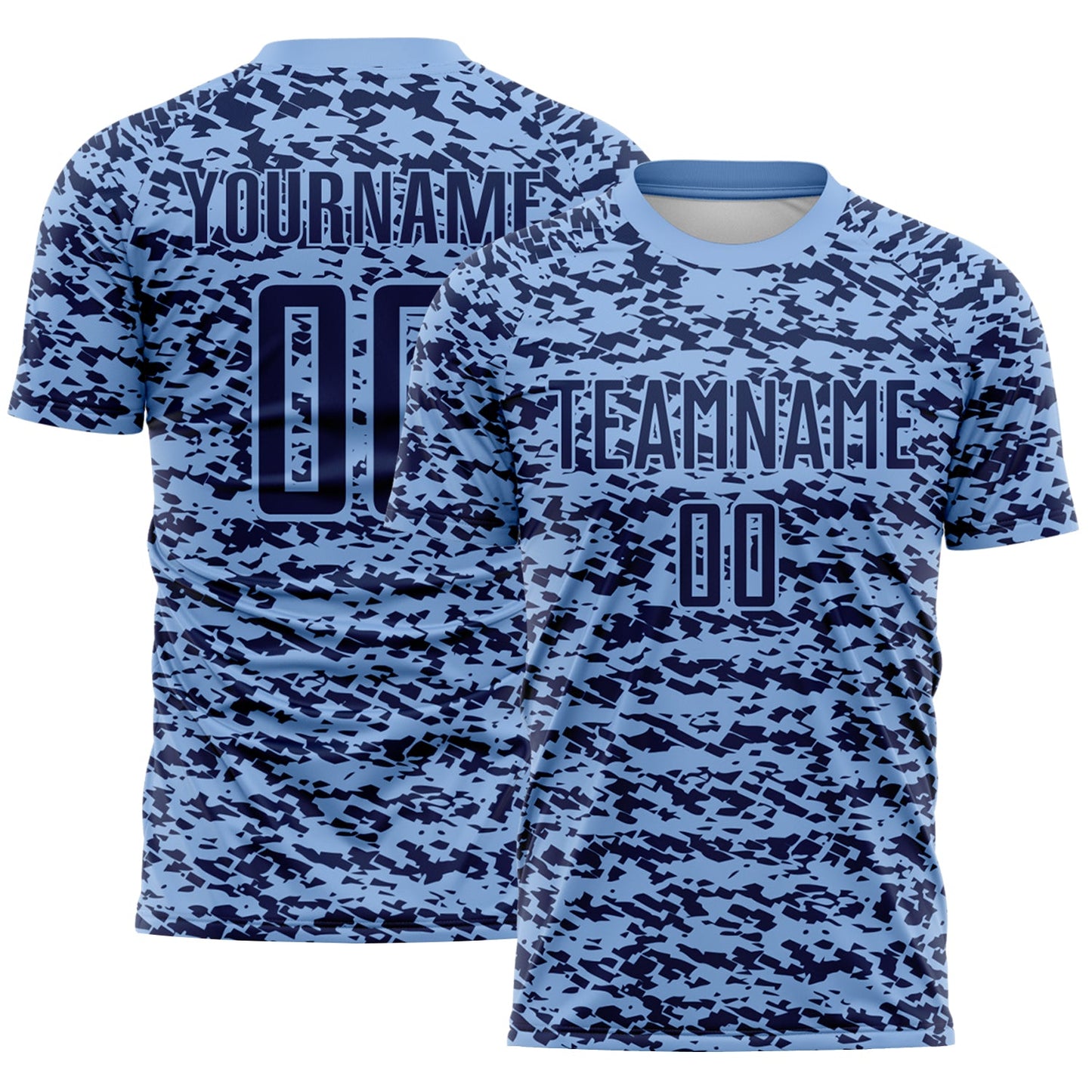 Custom Light Blue-Navy Geometric Fragment Splatter Sublimation Soccer Uniform Jersey - Main View