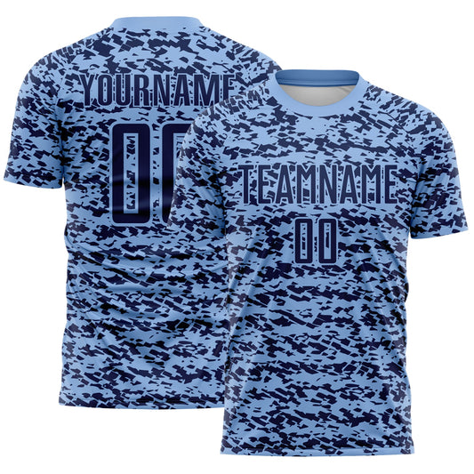 Custom Light Blue-Navy Geometric Fragment Splatter Sublimation Soccer Uniform Jersey - Main View