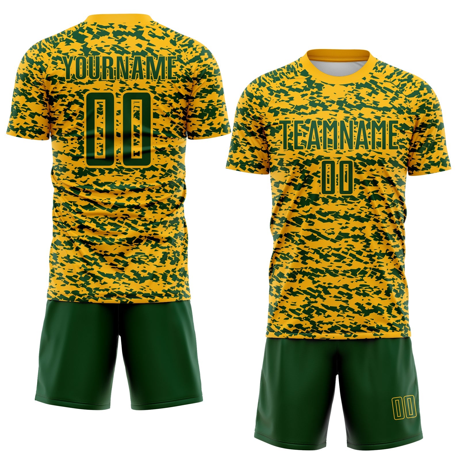 Custom Gold-Green Geometric Fragment Splatter Sublimation Soccer Uniform Jersey view 2