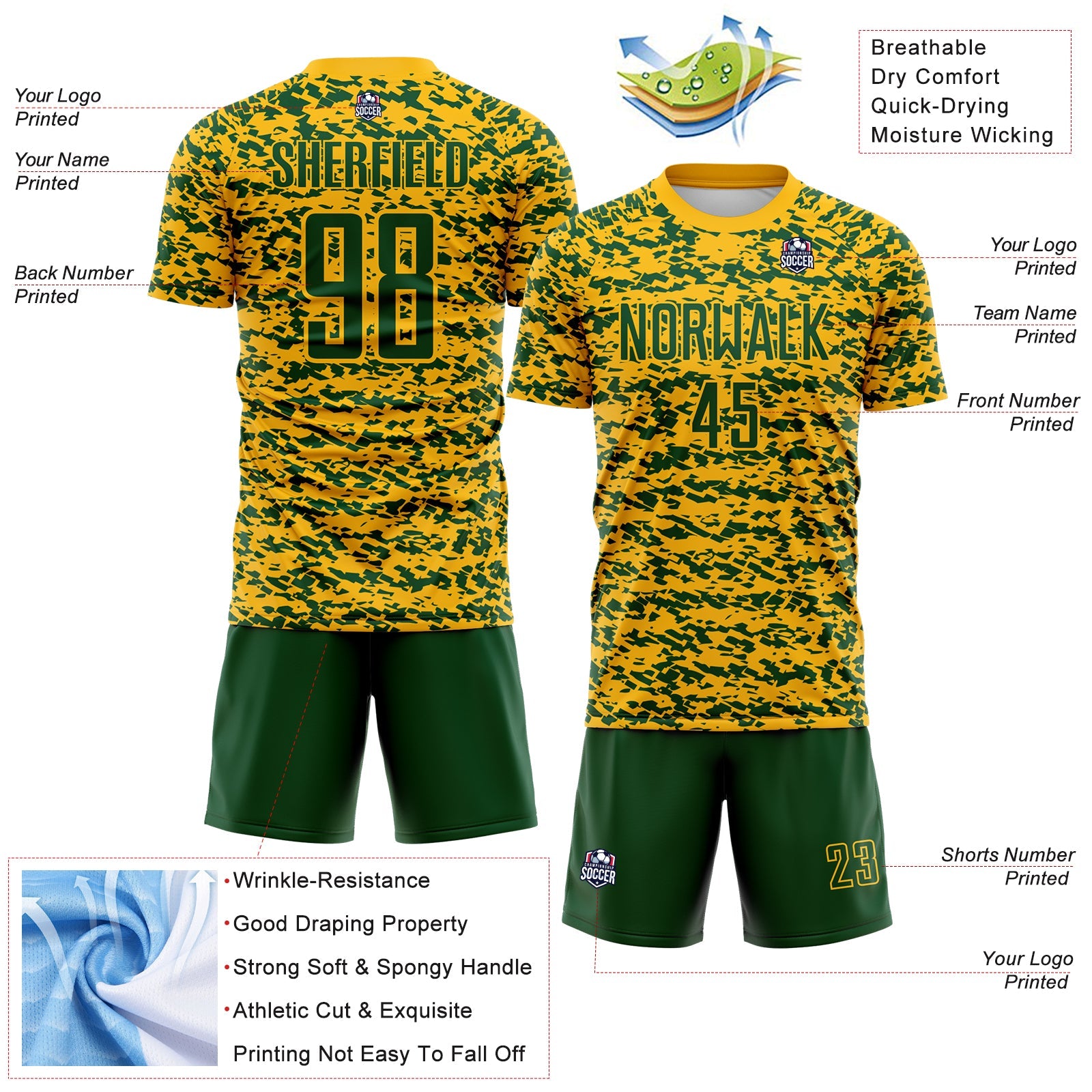 Custom Gold-Green Geometric Fragment Splatter Sublimation Soccer Uniform Jersey view 4