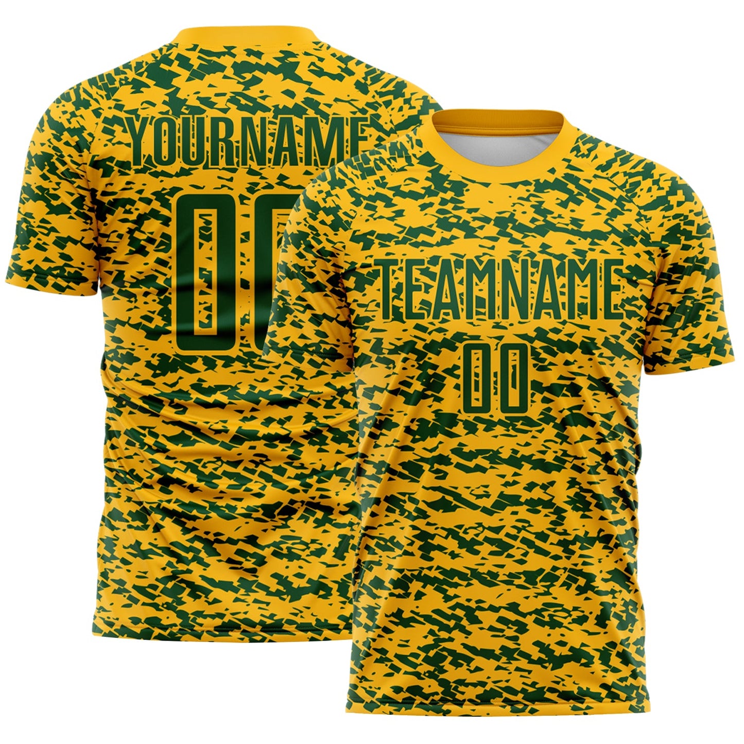 Custom Gold-Green Geometric Fragment Splatter Sublimation Soccer Uniform Jersey - Main View