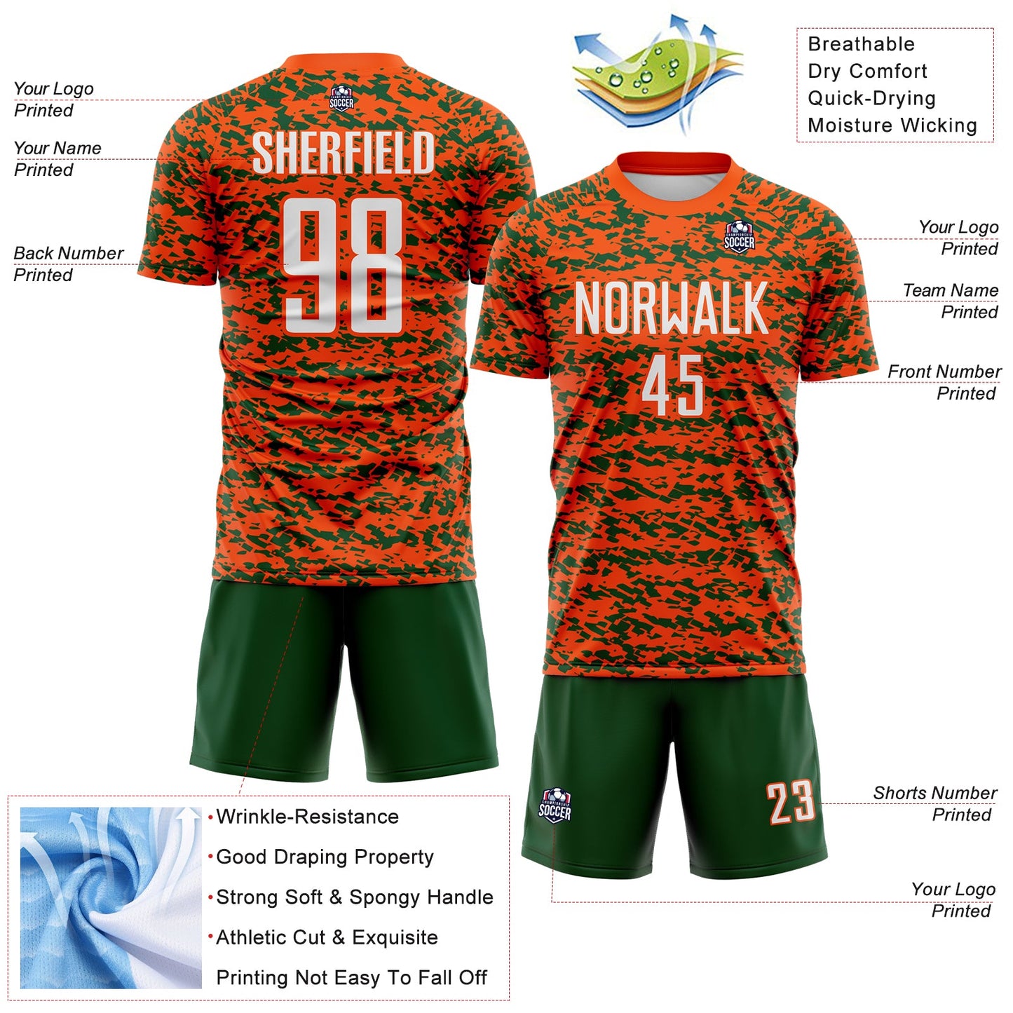 Custom Orange White-Green Geometric Fragment Splatter Sublimation Soccer Uniform Jersey view 4
