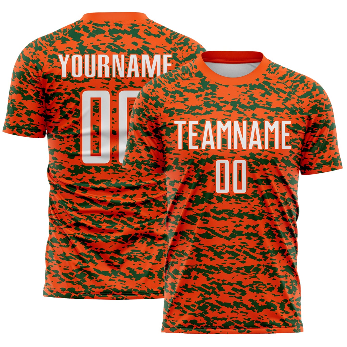 Custom Orange White-Green Geometric Fragment Splatter Sublimation Soccer Uniform Jersey - Main View