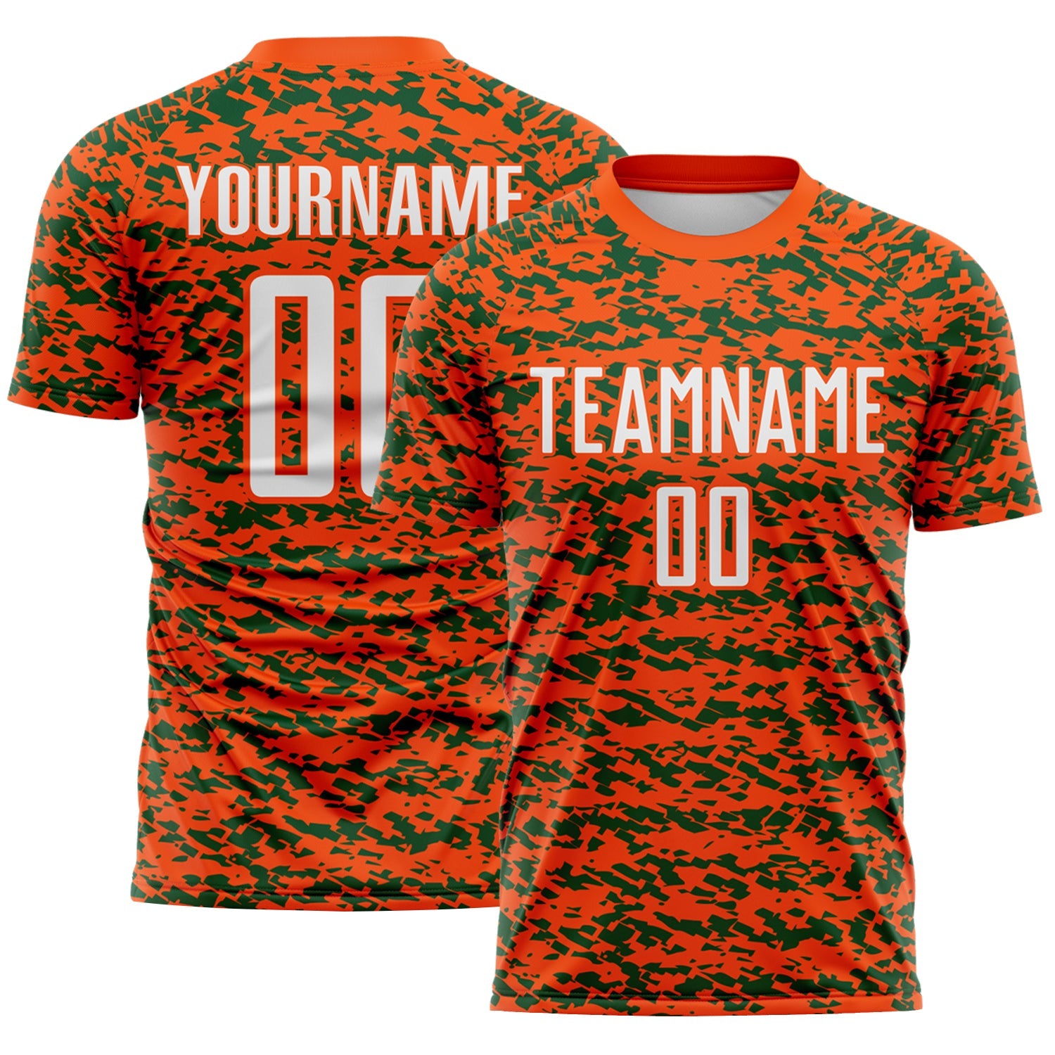 Custom Orange White-Green Geometric Fragment Splatter Sublimation Soccer Uniform Jersey - Main View
