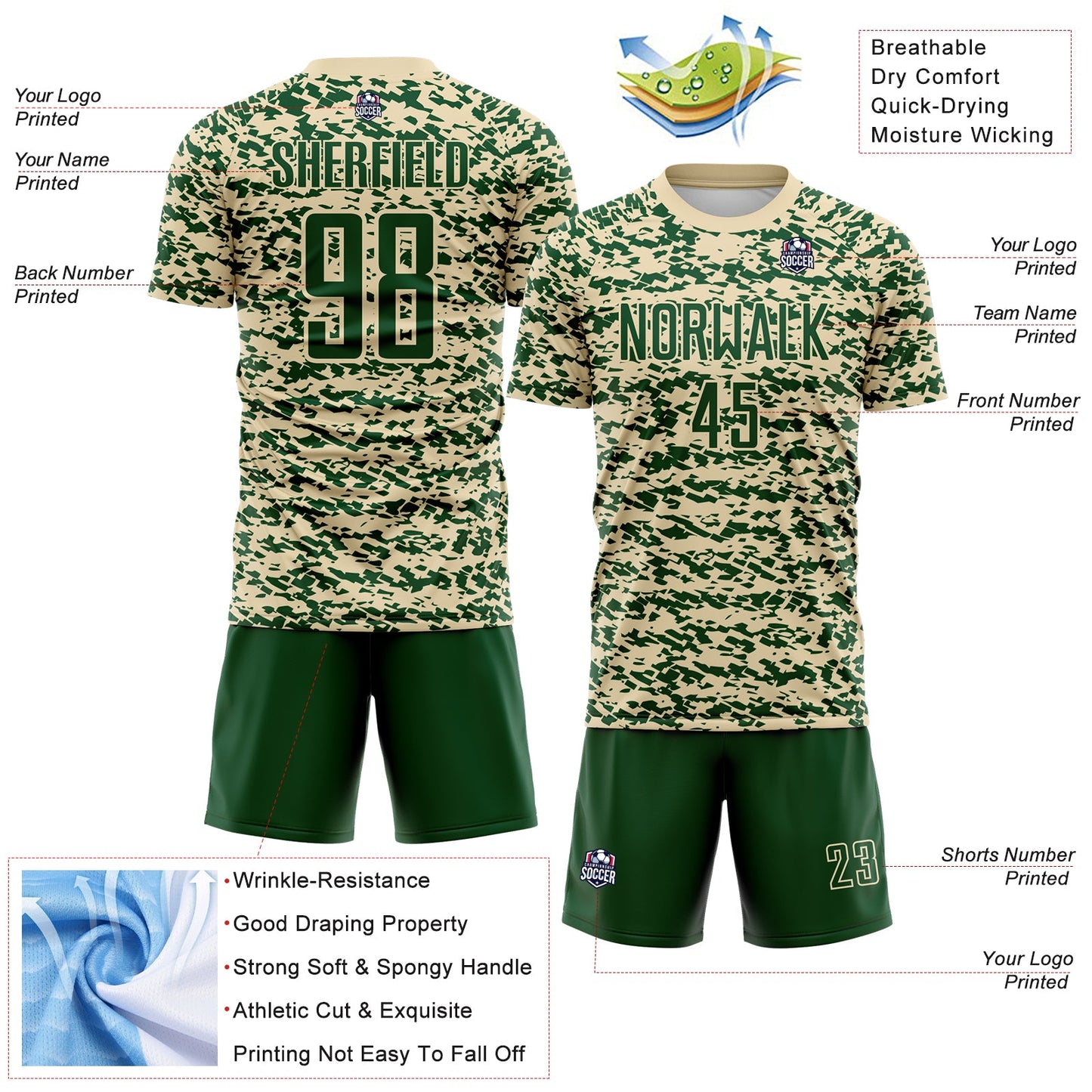 Custom Cream-Green Geometric Fragment Splatter Sublimation Soccer Uniform Jersey view 4