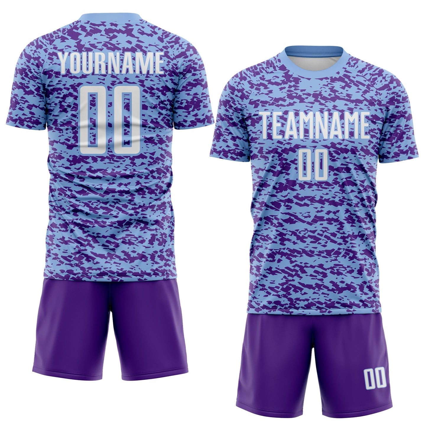 Custom Light Blue White-Purple Geometric Fragment Splatter Sublimation Soccer Uniform Jersey view 2