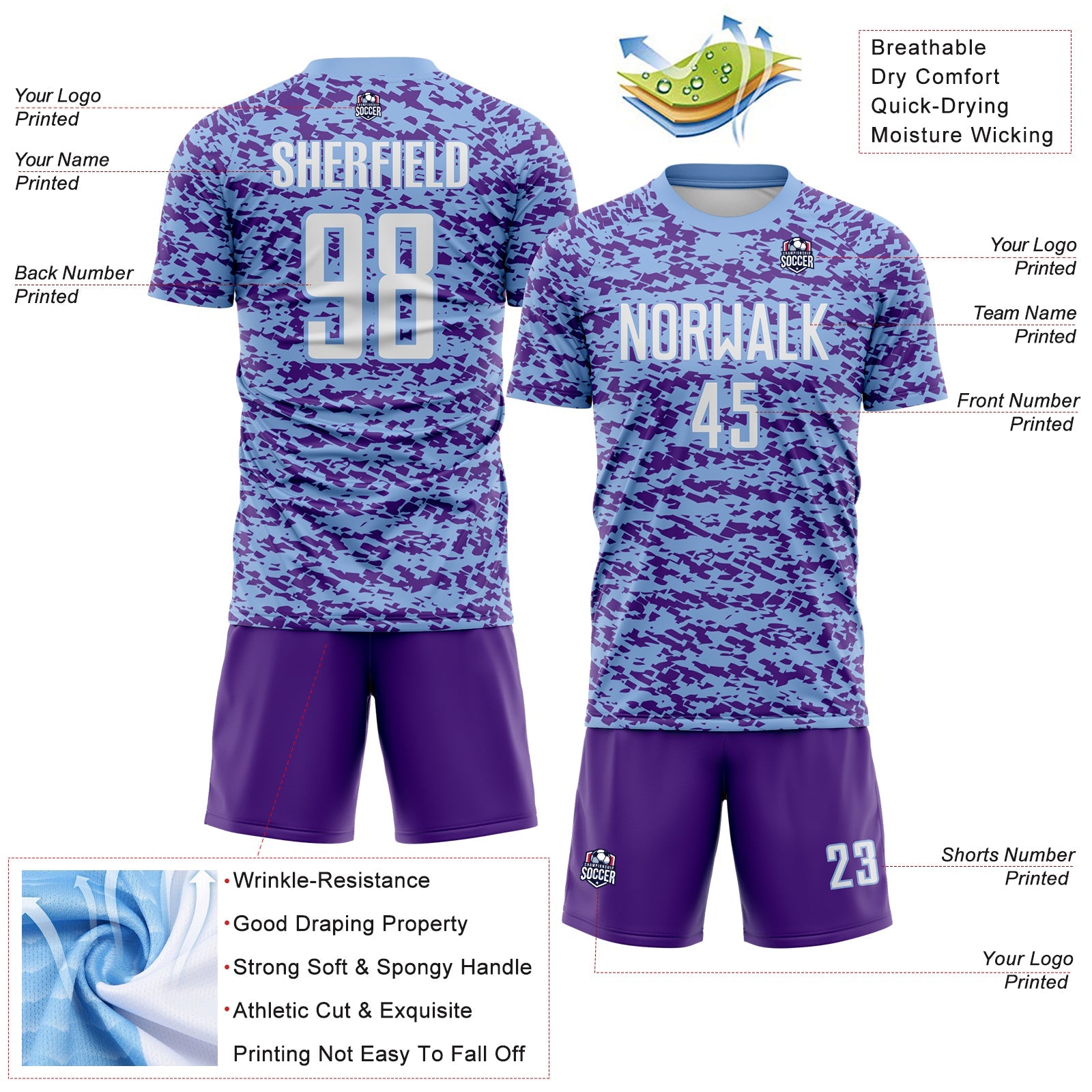 Custom Light Blue White-Purple Geometric Fragment Splatter Sublimation Soccer Uniform Jersey view 4