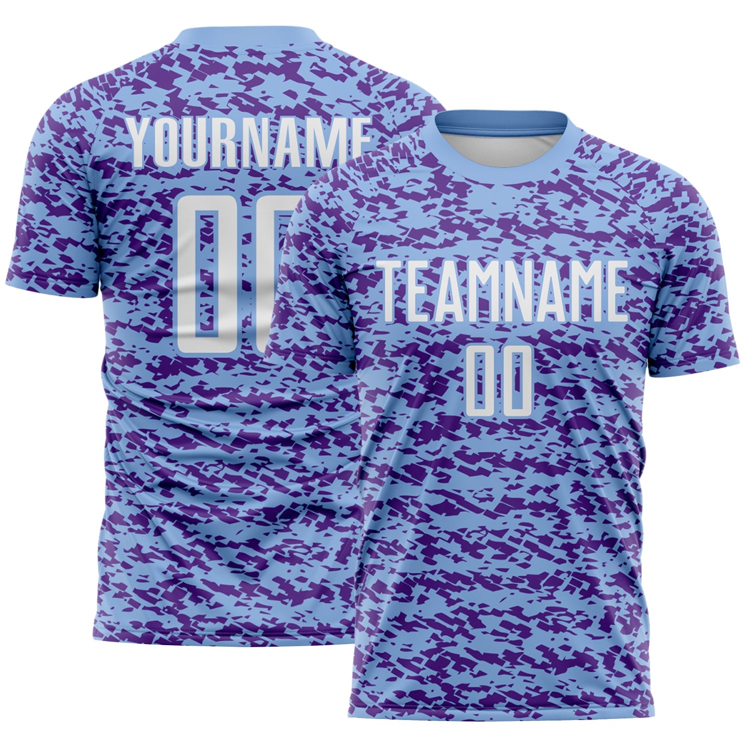 Custom Light Blue White-Purple Geometric Fragment Splatter Sublimation Soccer Uniform Jersey - Main View