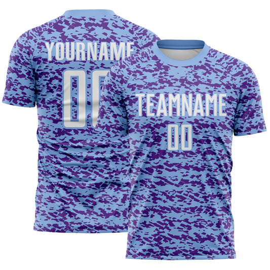 Custom Light Blue White-Purple Geometric Fragment Splatter Sublimation Soccer Uniform Jersey - Main View