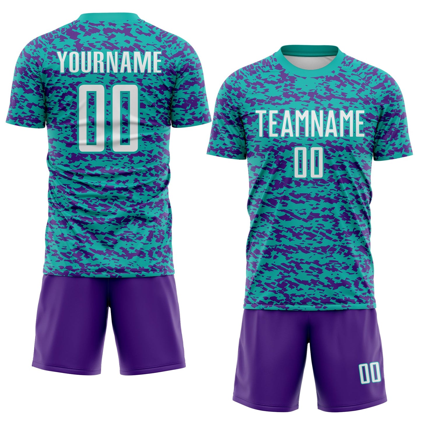 Custom Aqua White-Purple Geometric Fragment Splatter Sublimation Soccer Uniform Jersey view 2