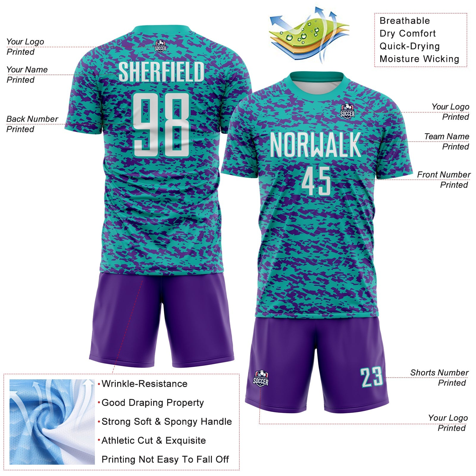 Custom Aqua White-Purple Geometric Fragment Splatter Sublimation Soccer Uniform Jersey view 4