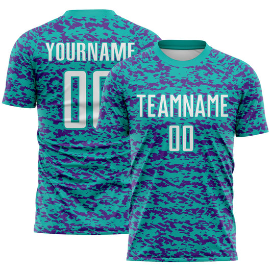 Custom Aqua White-Purple Geometric Fragment Splatter Sublimation Soccer Uniform Jersey - Main View