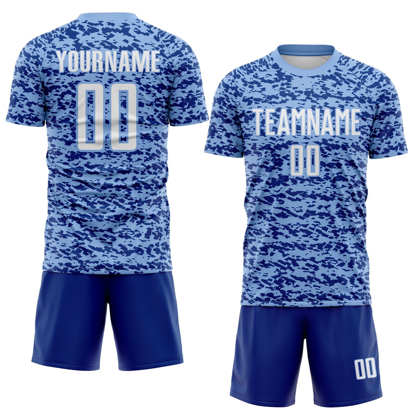 Custom Light Blue White-Royal Geometric Fragment Splatter Sublimation Soccer Uniform Jersey view 2