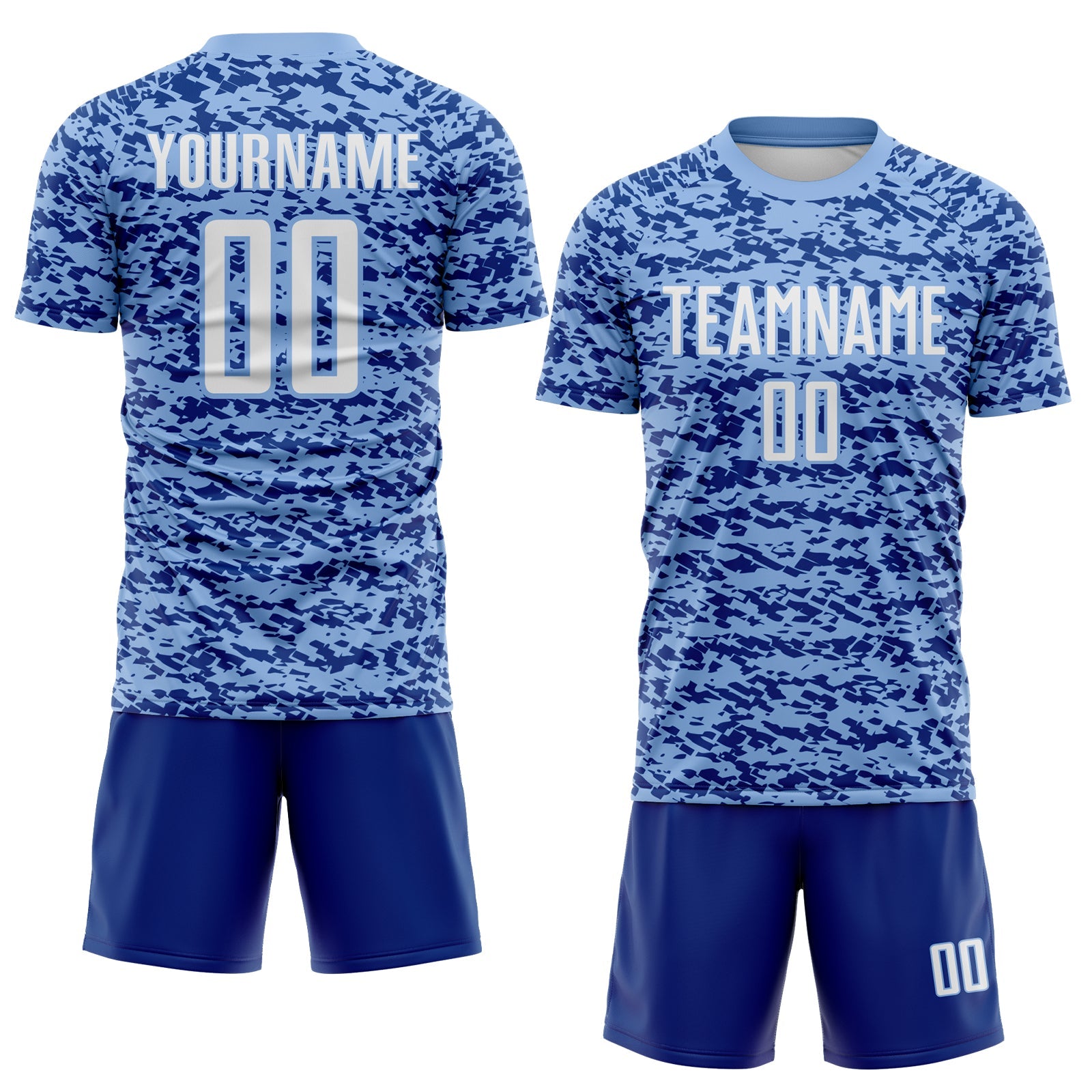 Custom Light Blue White-Royal Geometric Fragment Splatter Sublimation Soccer Uniform Jersey view 2