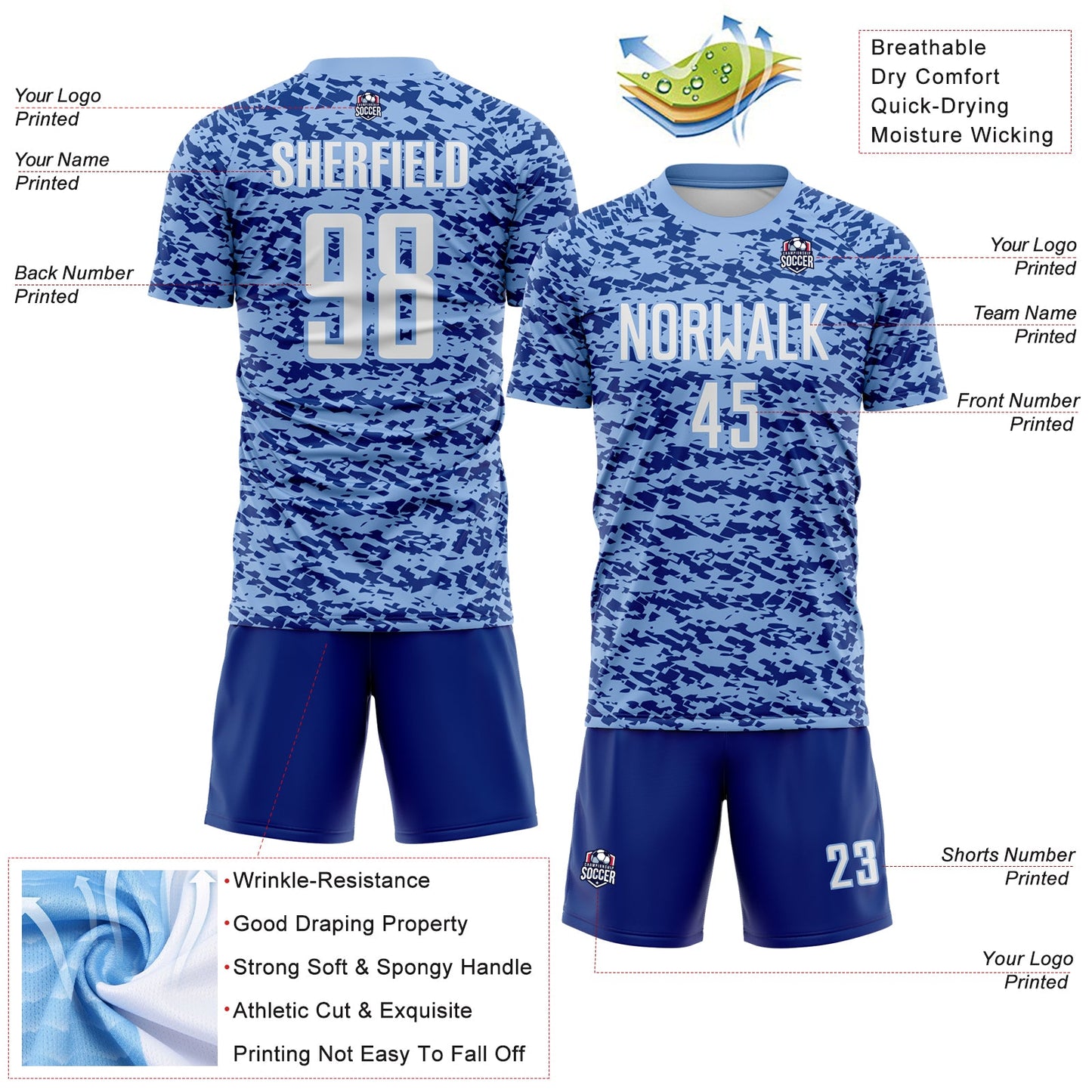 Custom Light Blue White-Royal Geometric Fragment Splatter Sublimation Soccer Uniform Jersey view 4