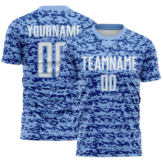 Custom Light Blue White-Royal Geometric Fragment Splatter Sublimation Soccer Uniform Jersey - Main View