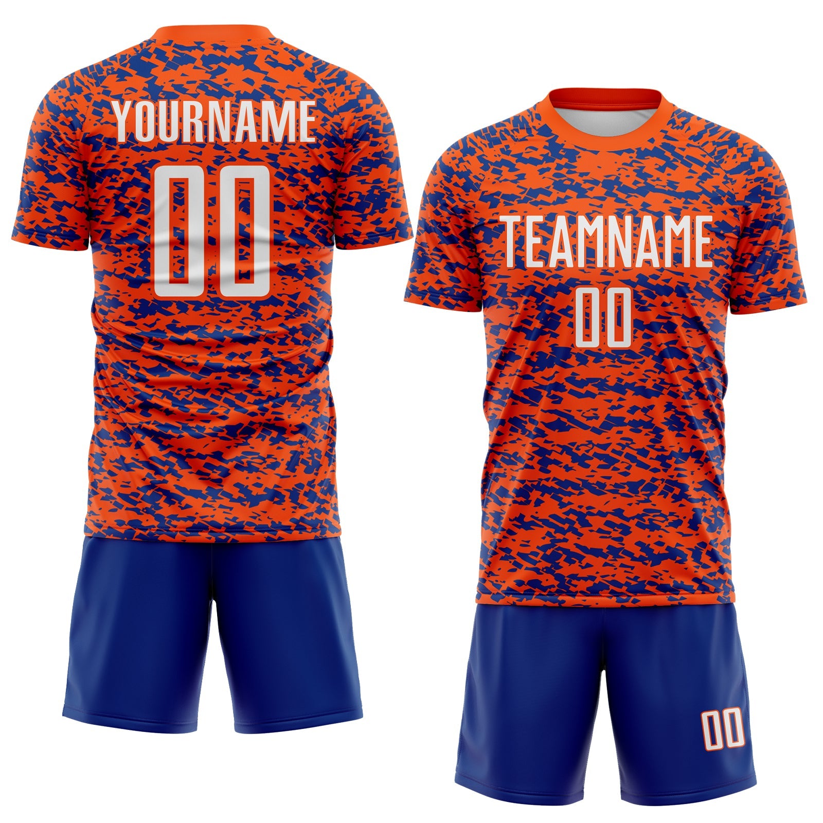 Custom Orange-Royal Geometric Fragment Splatter Sublimation Soccer Uniform Jersey view 2