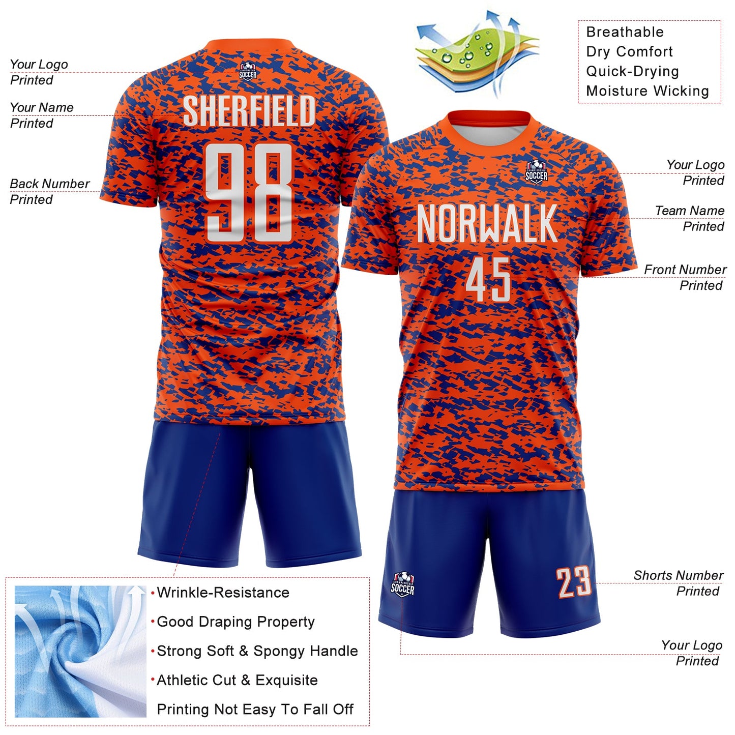 Custom Orange-Royal Geometric Fragment Splatter Sublimation Soccer Uniform Jersey view 4