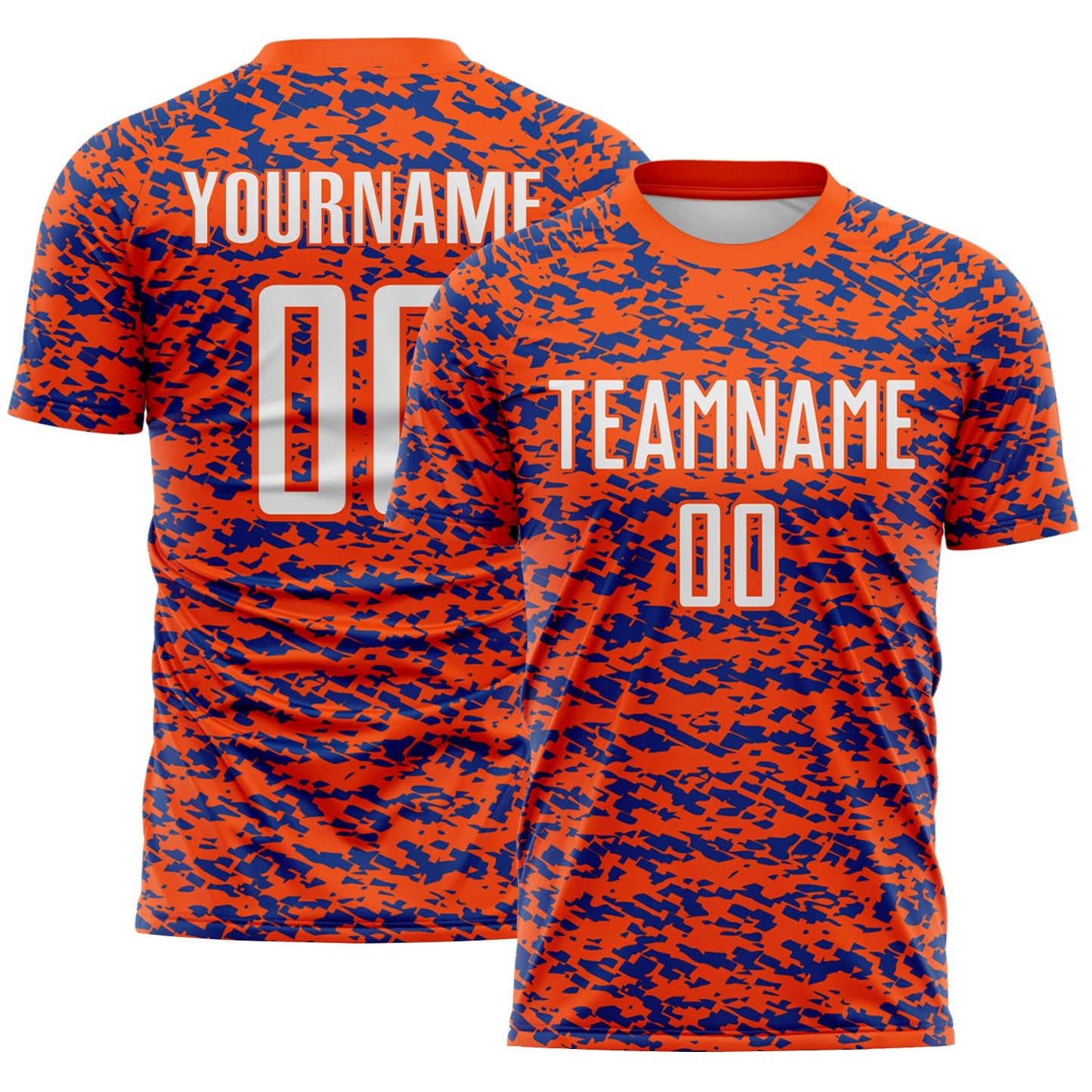 Custom Orange-Royal Geometric Fragment Splatter Sublimation Soccer Uniform Jersey - Main View