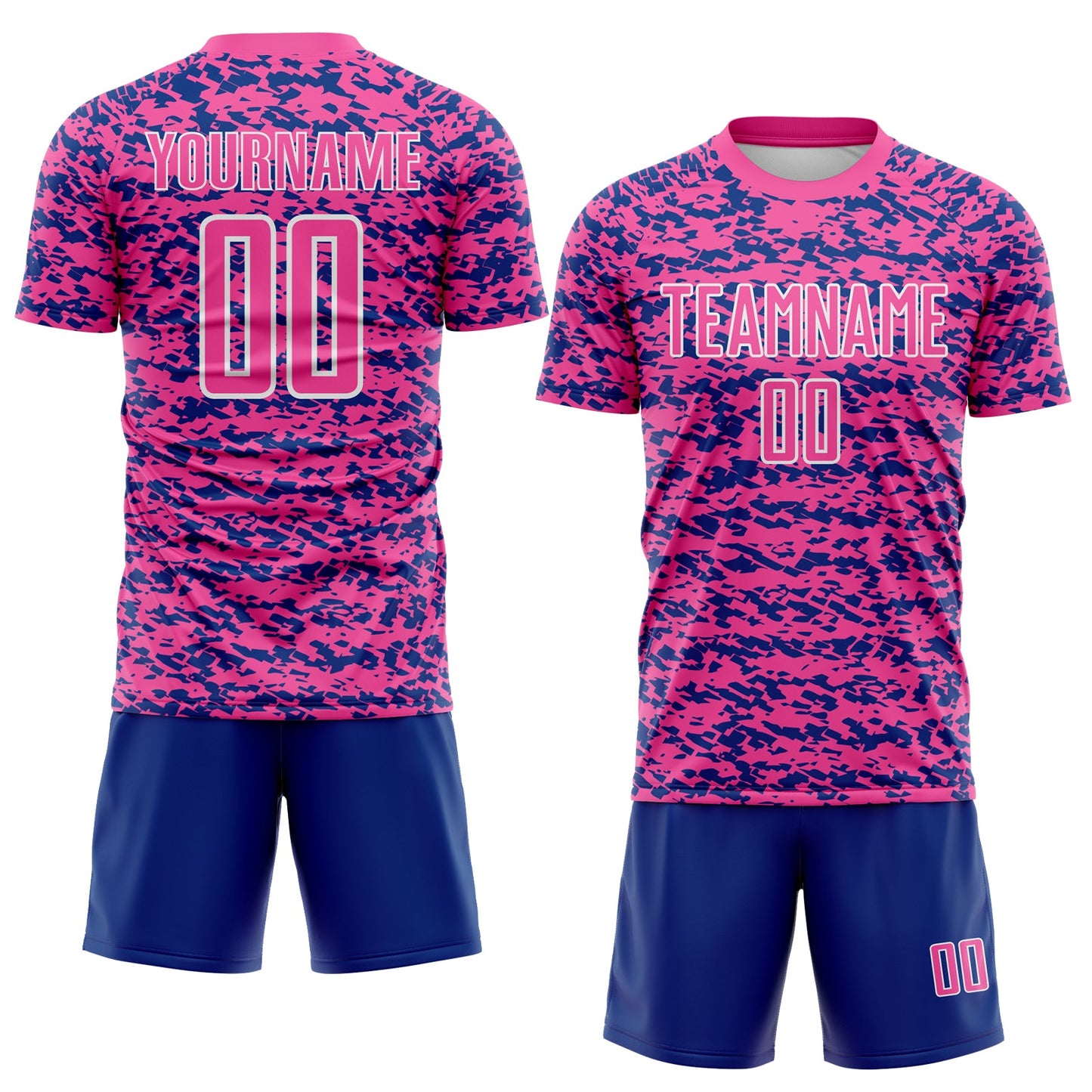 Custom Pink Royal-White Geometric Fragment Splatter Sublimation Soccer Uniform Jersey view 2