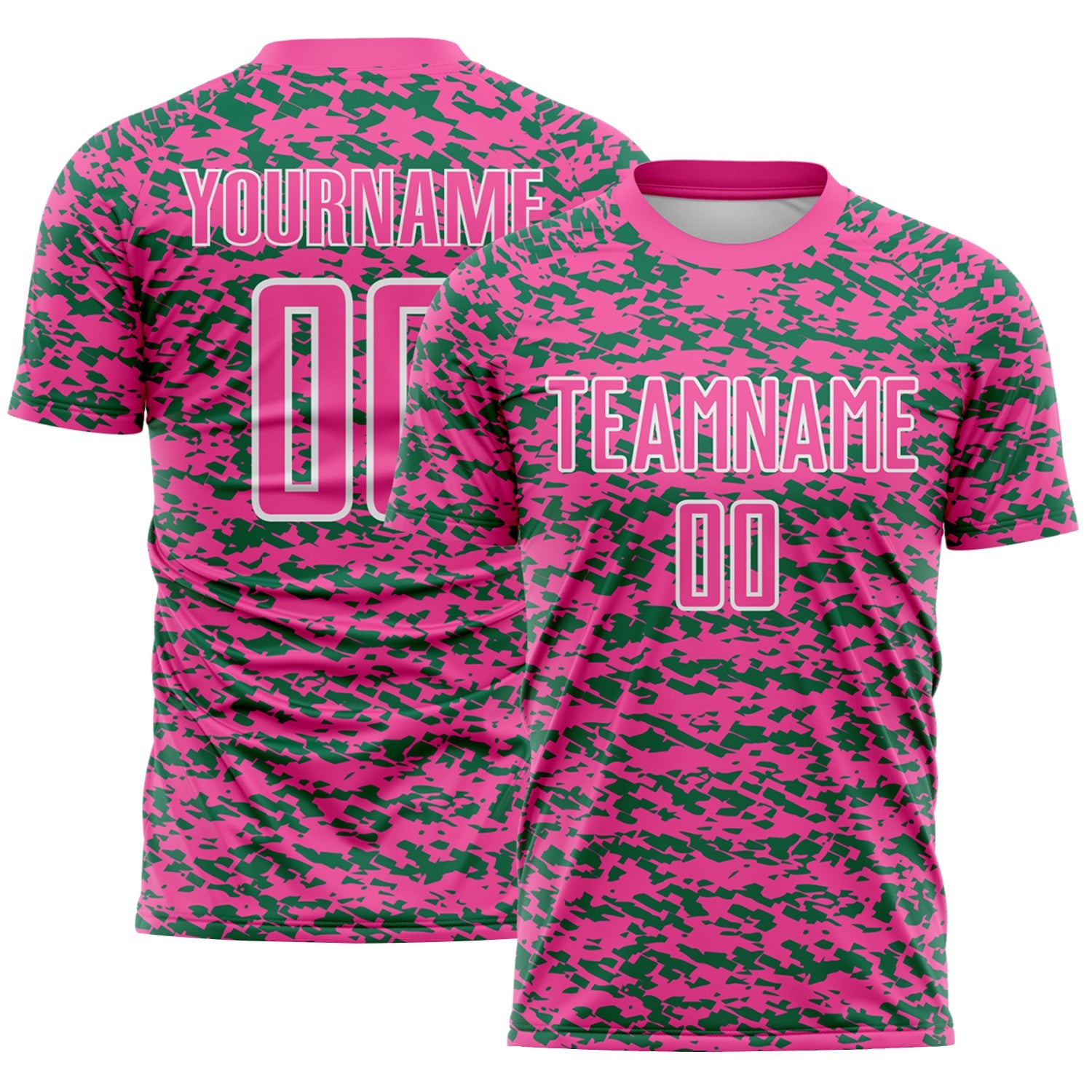 Custom Pink Kelly Green-White Geometric Fragment Splatter Sublimation Soccer Uniform Jersey - Main View