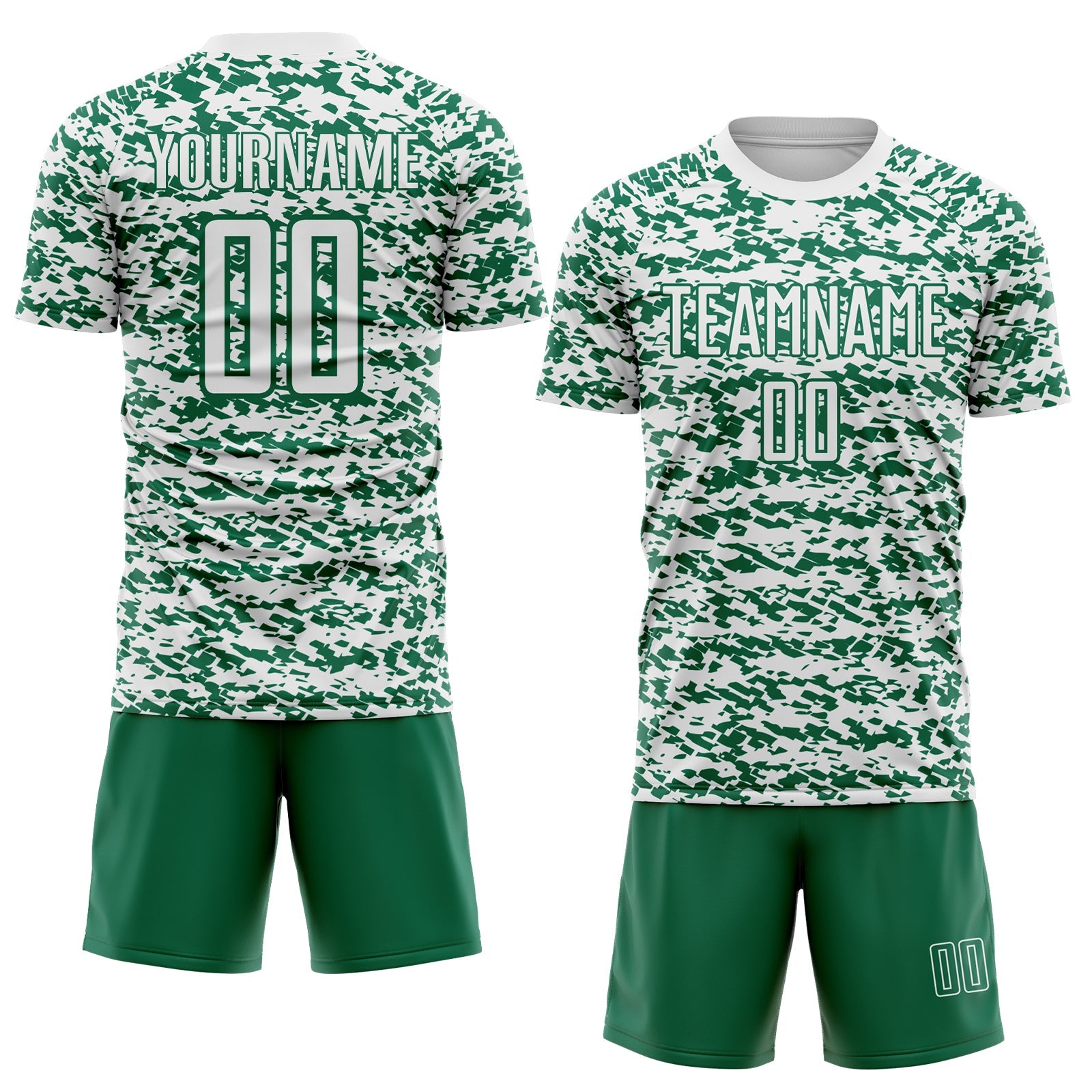 Custom White-Kelly Green Geometric Fragment Splatter Sublimation Soccer Uniform Jersey view 2
