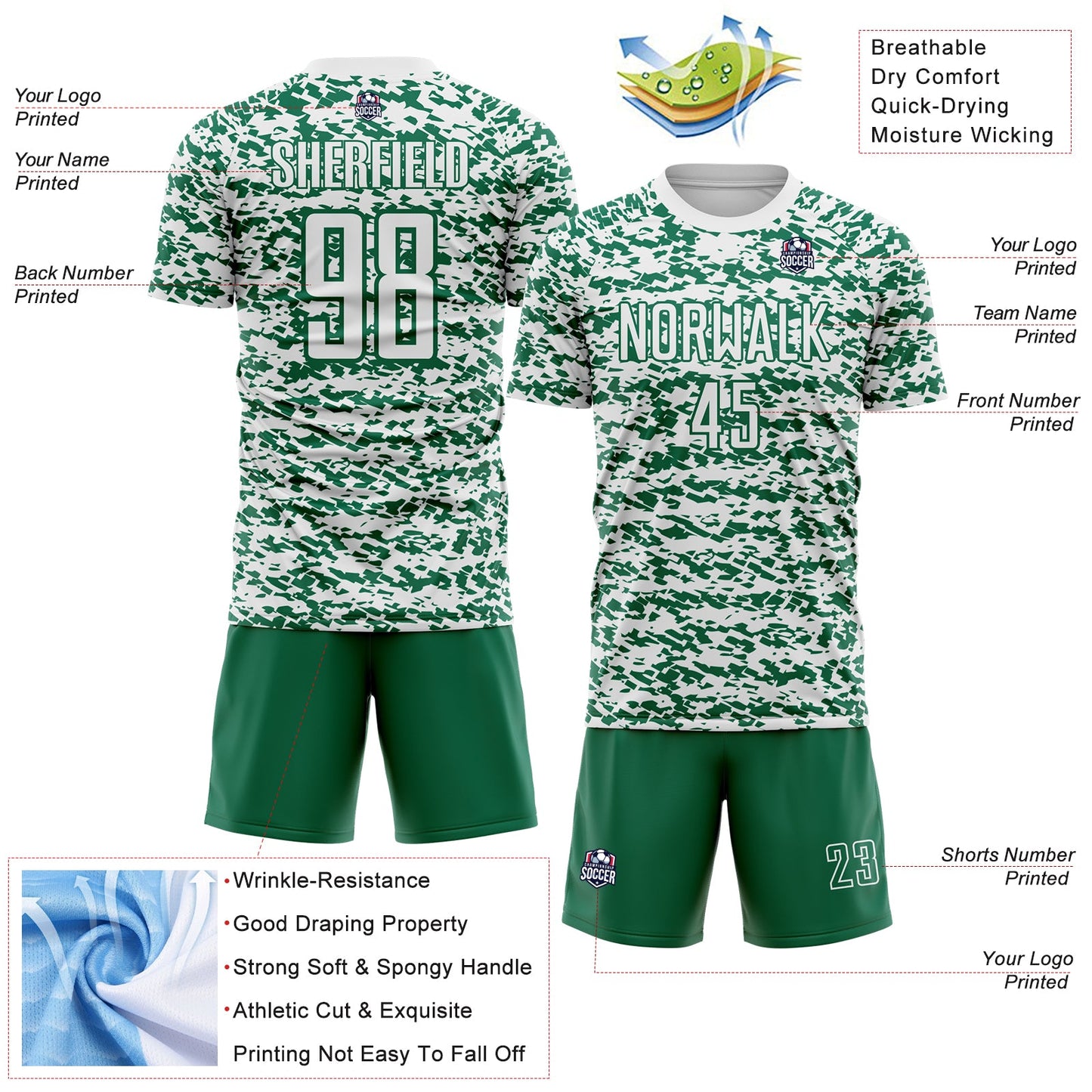 Custom White-Kelly Green Geometric Fragment Splatter Sublimation Soccer Uniform Jersey view 4