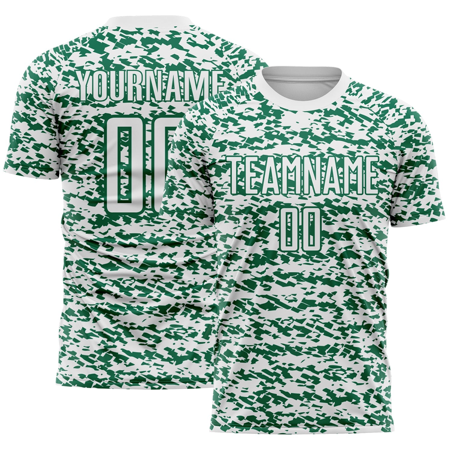 Custom White-Kelly Green Geometric Fragment Splatter Sublimation Soccer Uniform Jersey - Main View