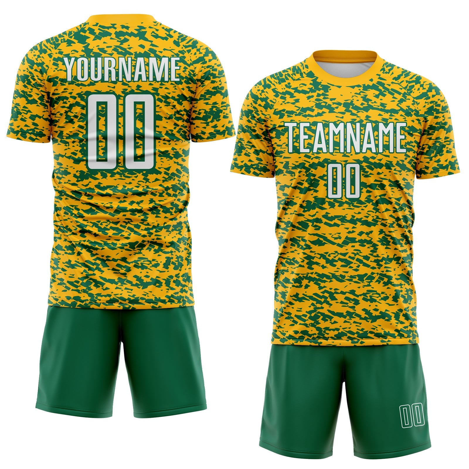 Custom Gold White-Kelly Green Geometric Fragment Splatter Sublimation Soccer Uniform Jersey view 2