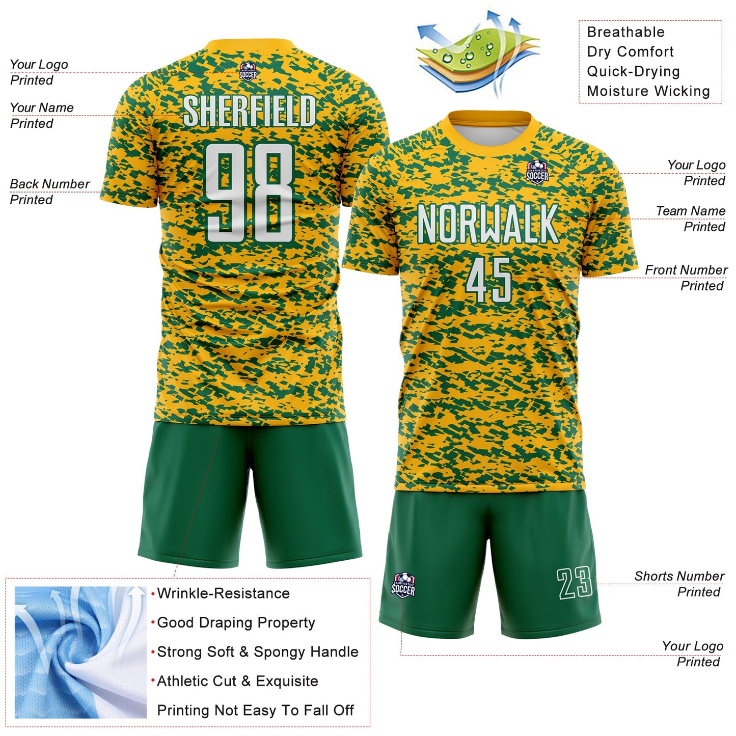 Custom Gold White-Kelly Green Geometric Fragment Splatter Sublimation Soccer Uniform Jersey view 4