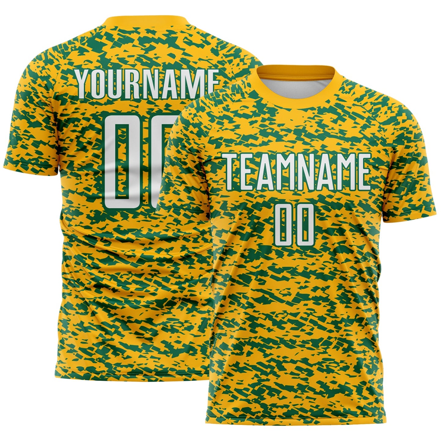Custom Gold White-Kelly Green Geometric Fragment Splatter Sublimation Soccer Uniform Jersey - Main View