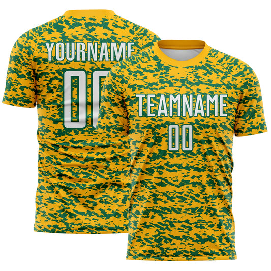 Custom Gold White-Kelly Green Geometric Fragment Splatter Sublimation Soccer Uniform Jersey - Main View
