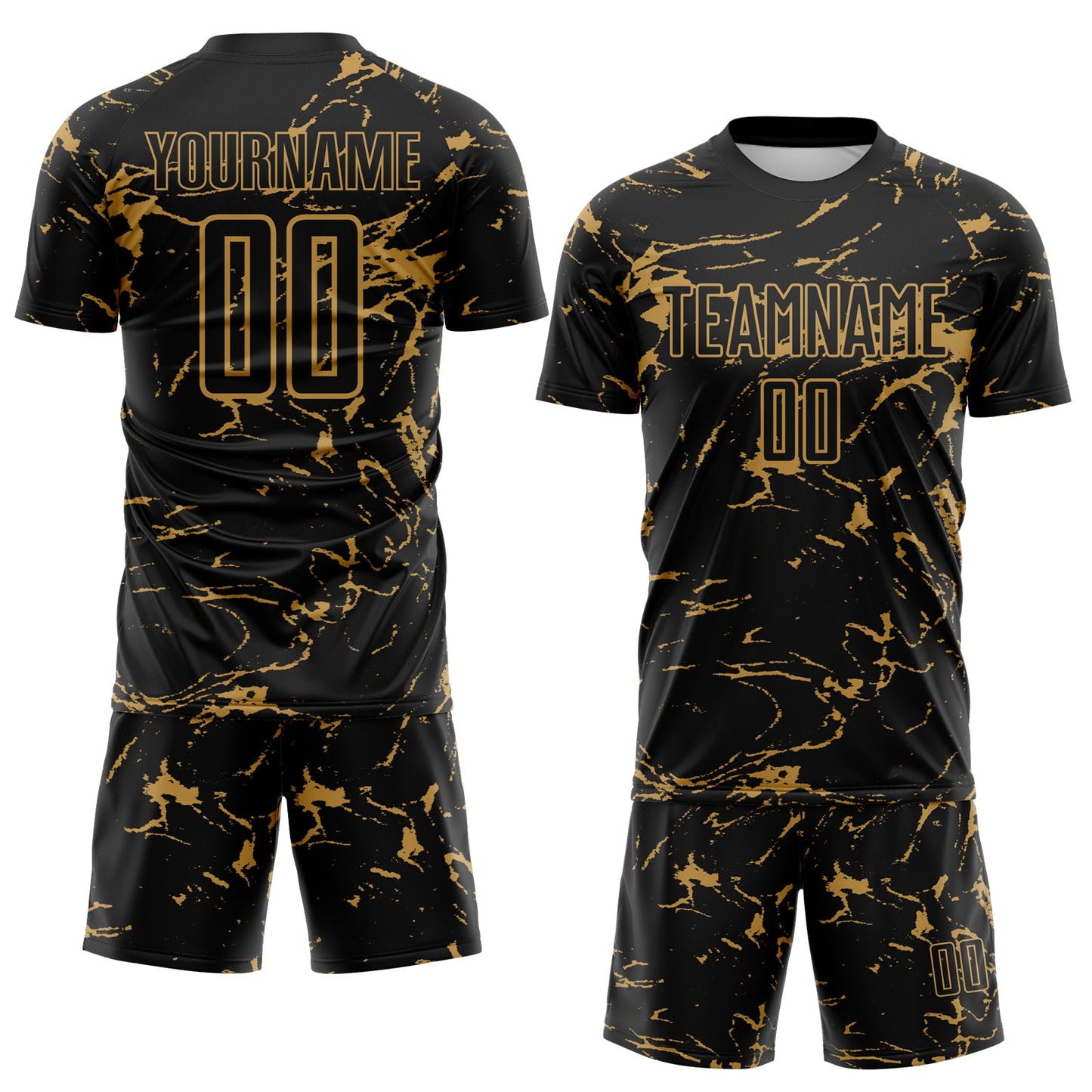 Custom Black-Old Gold Abstract Fluid Marble Sublimation Soccer Uniform Jersey view 2