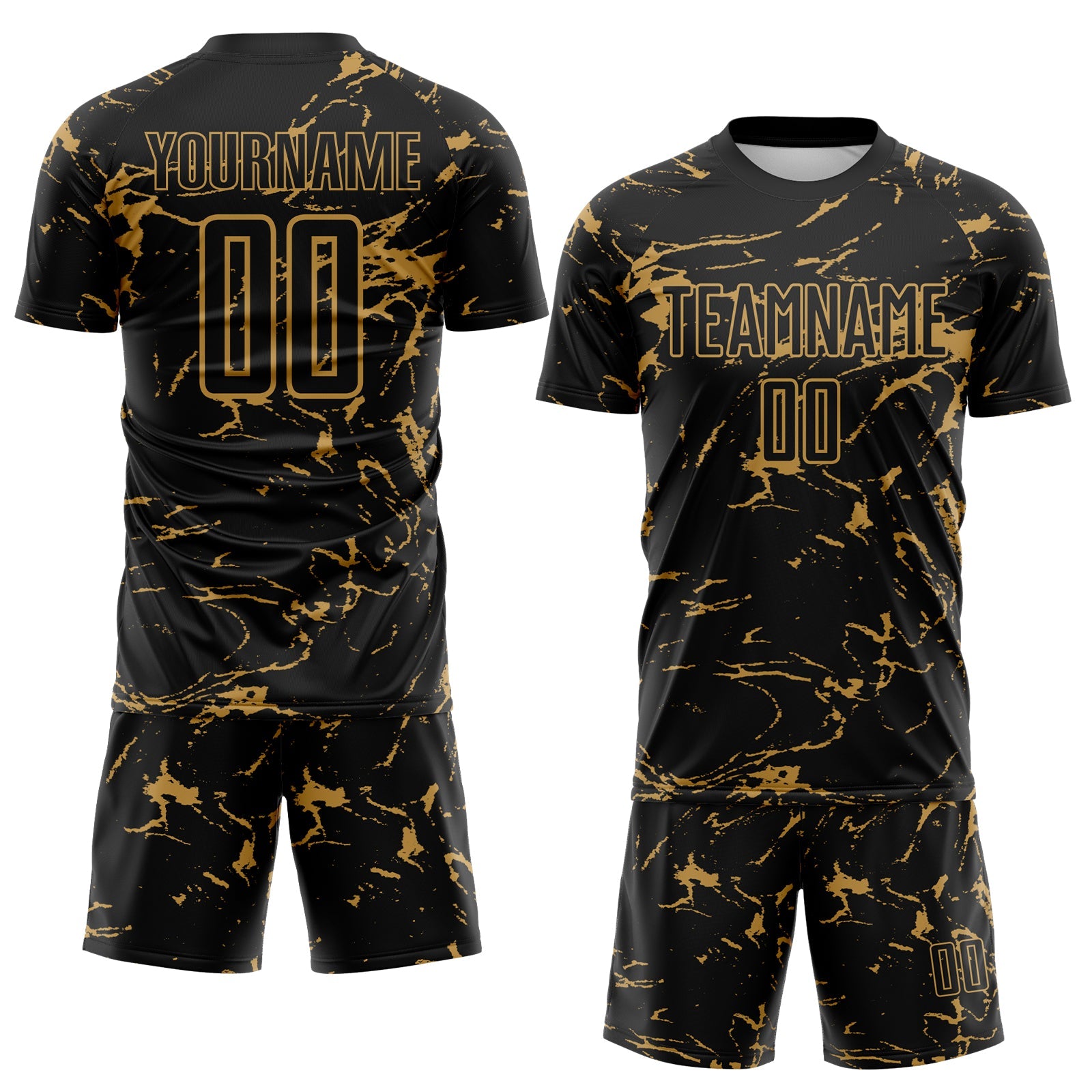Custom Black-Old Gold Abstract Fluid Marble Sublimation Soccer Uniform Jersey view 2