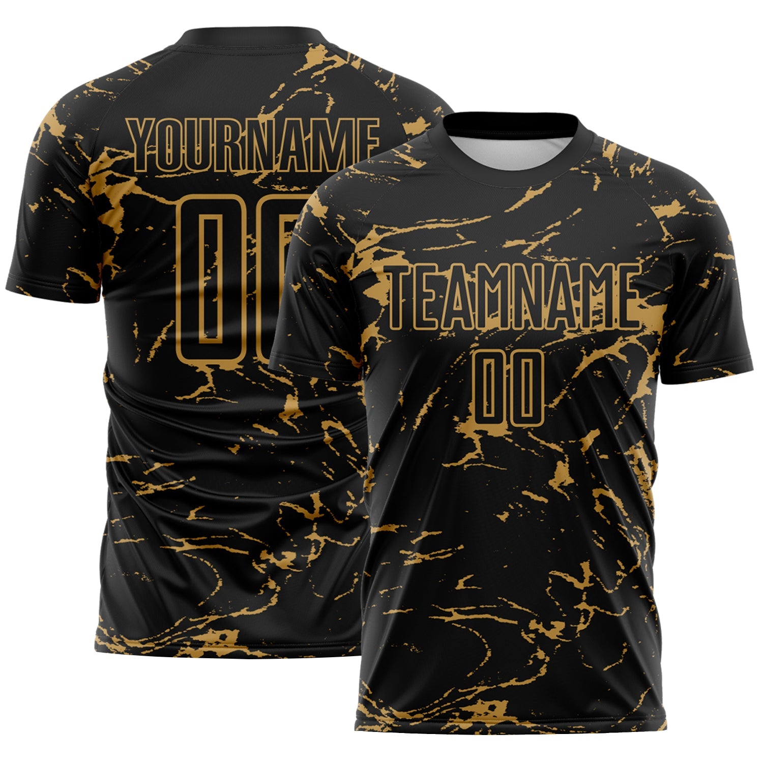 Custom Black-Old Gold Abstract Fluid Marble Sublimation Soccer Uniform Jersey - Main View
