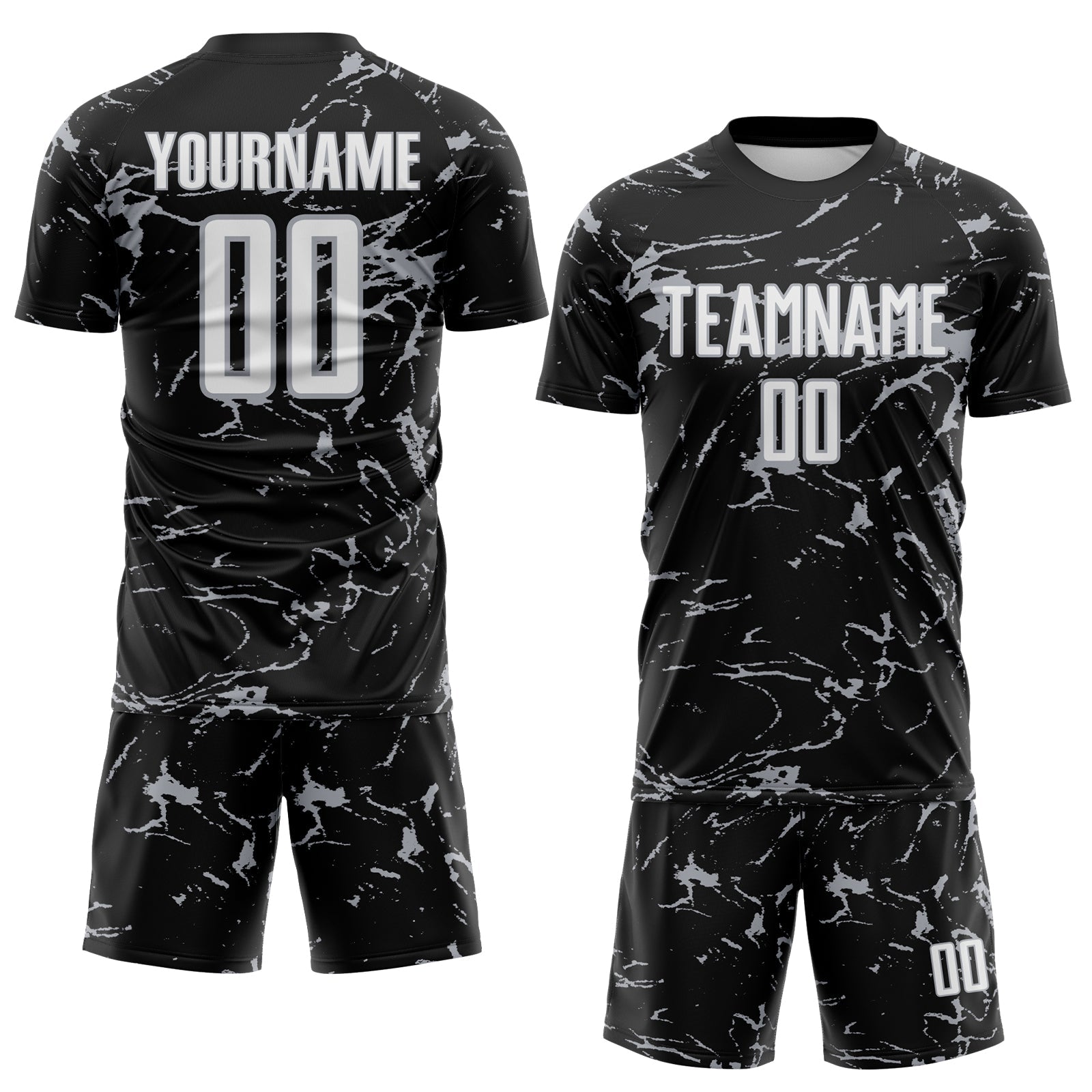 Custom Black White-Gray Abstract Fluid Marble Sublimation Soccer Uniform Jersey view 2