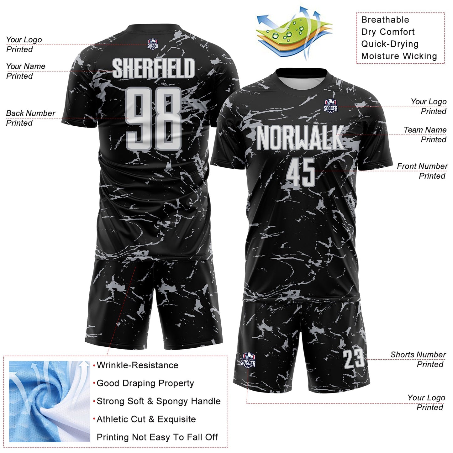 Custom Black White-Gray Abstract Fluid Marble Sublimation Soccer Uniform Jersey view 4