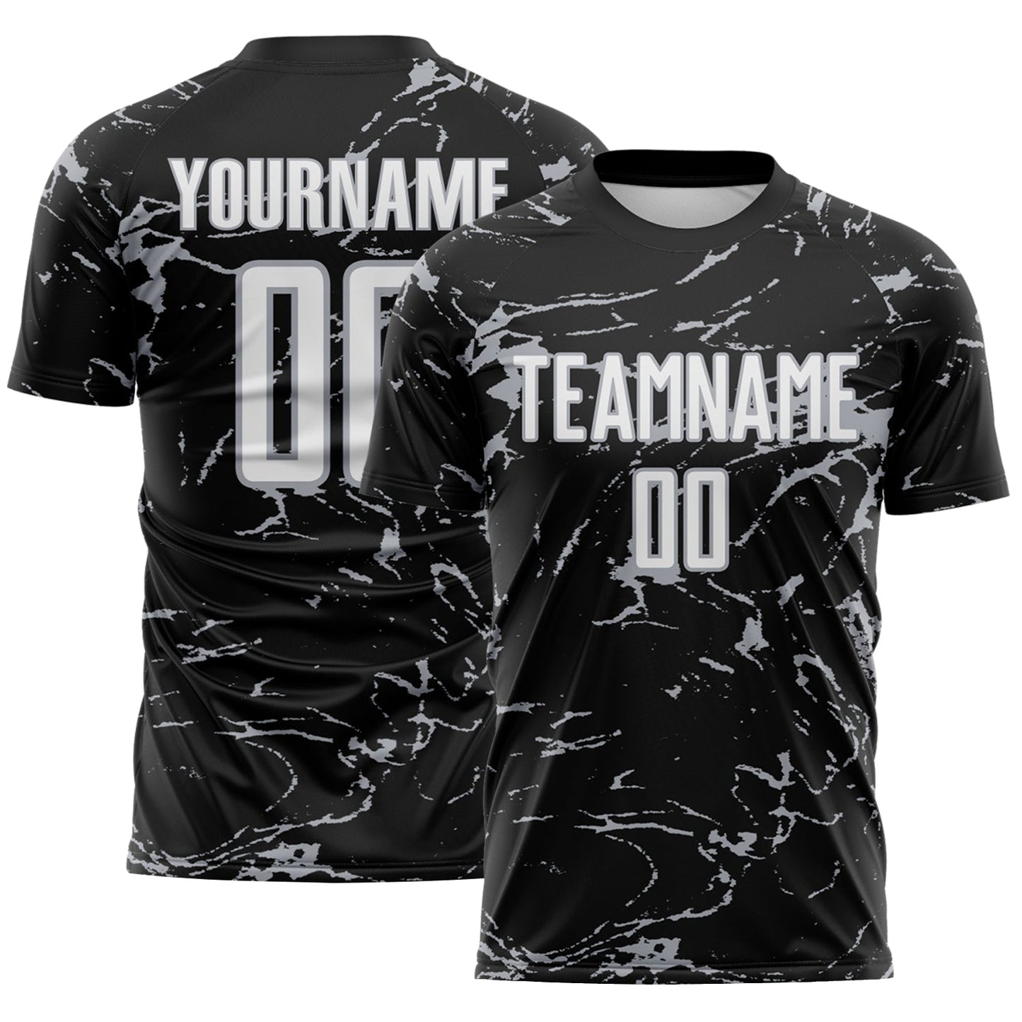 Custom Black White-Gray Abstract Fluid Marble Sublimation Soccer Uniform Jersey - Main View