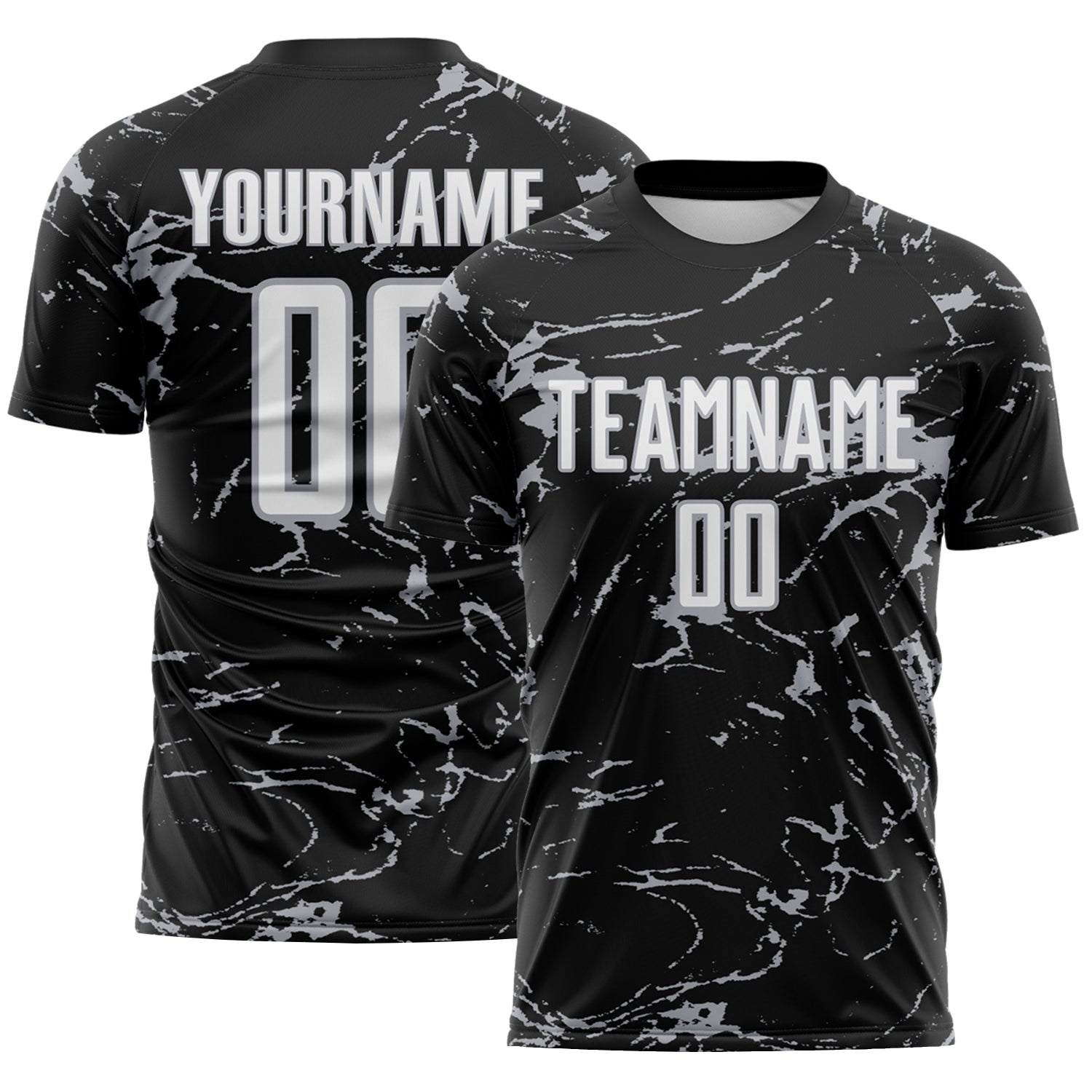Custom Black White-Gray Abstract Fluid Marble Sublimation Soccer Uniform Jersey - Main View