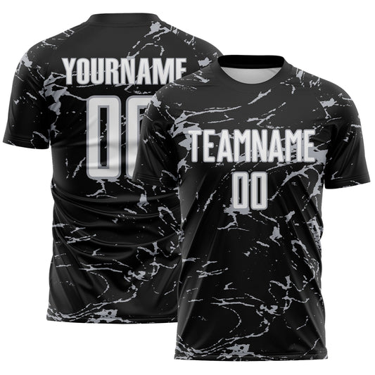 Custom Black White-Gray Abstract Fluid Marble Sublimation Soccer Uniform Jersey - Main View