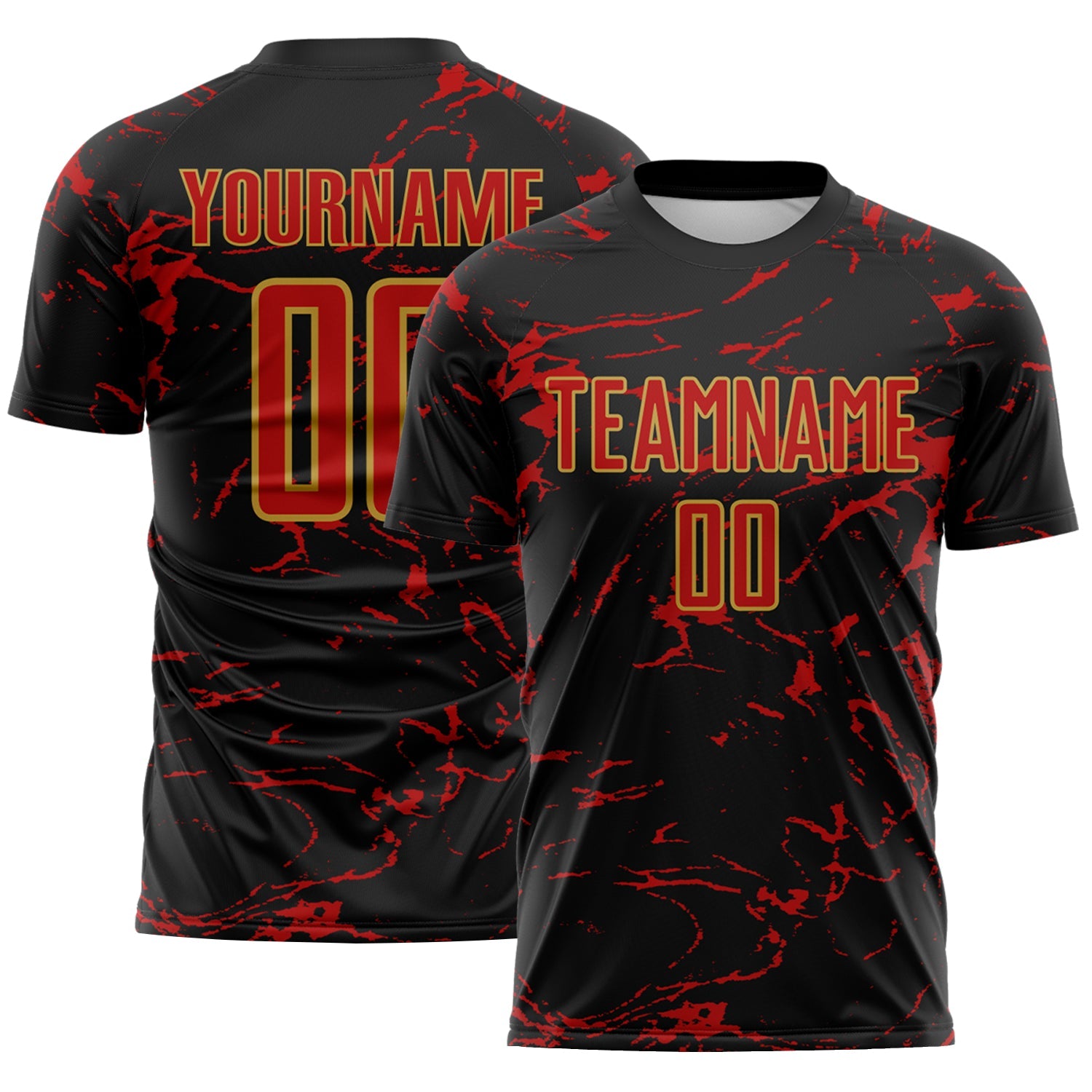 Custom Black Red-Old Gold Abstract Fluid Marble Sublimation Soccer Uniform Jersey - Main View