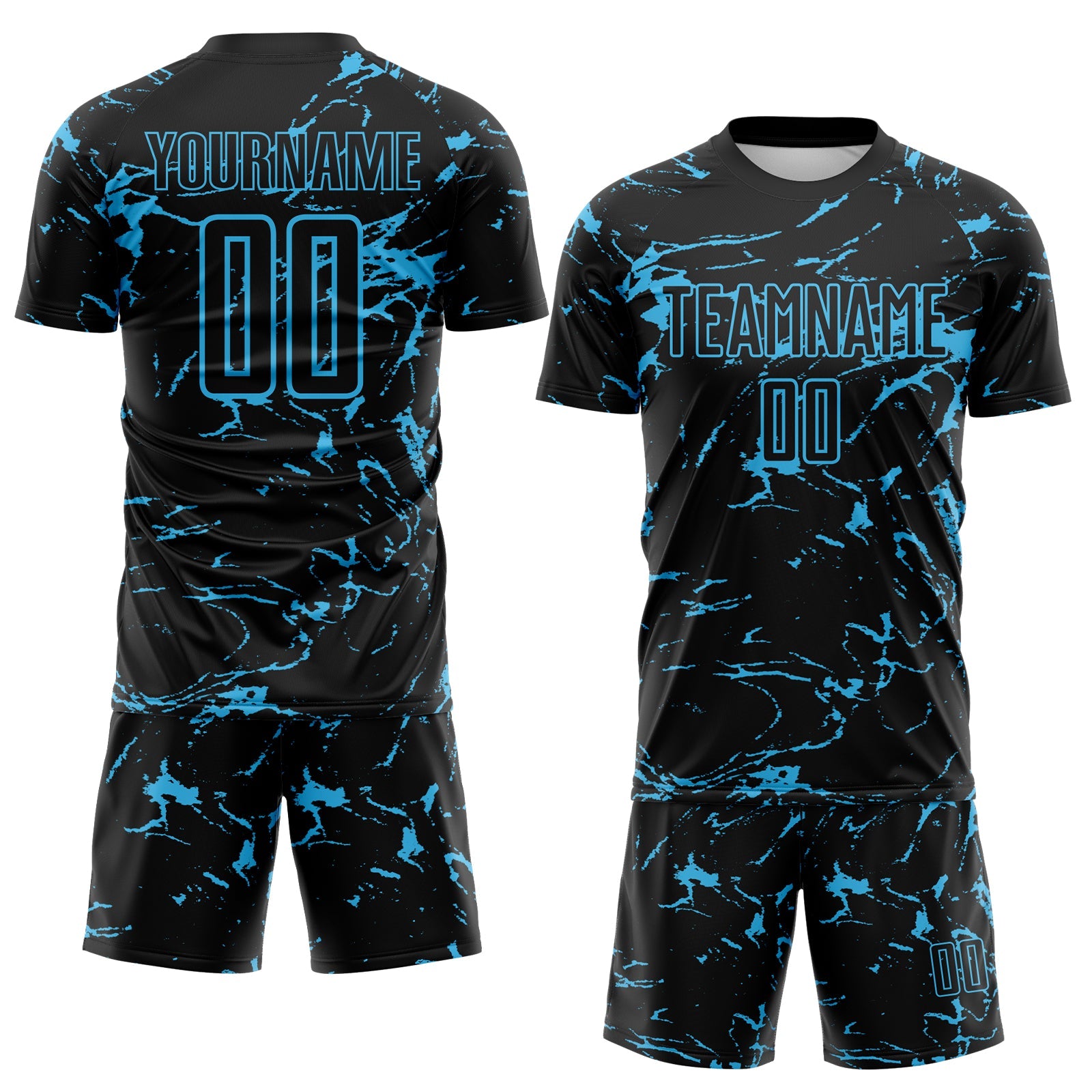 Custom Black-Sky Blue Abstract Fluid Marble Sublimation Soccer Uniform Jersey view 2