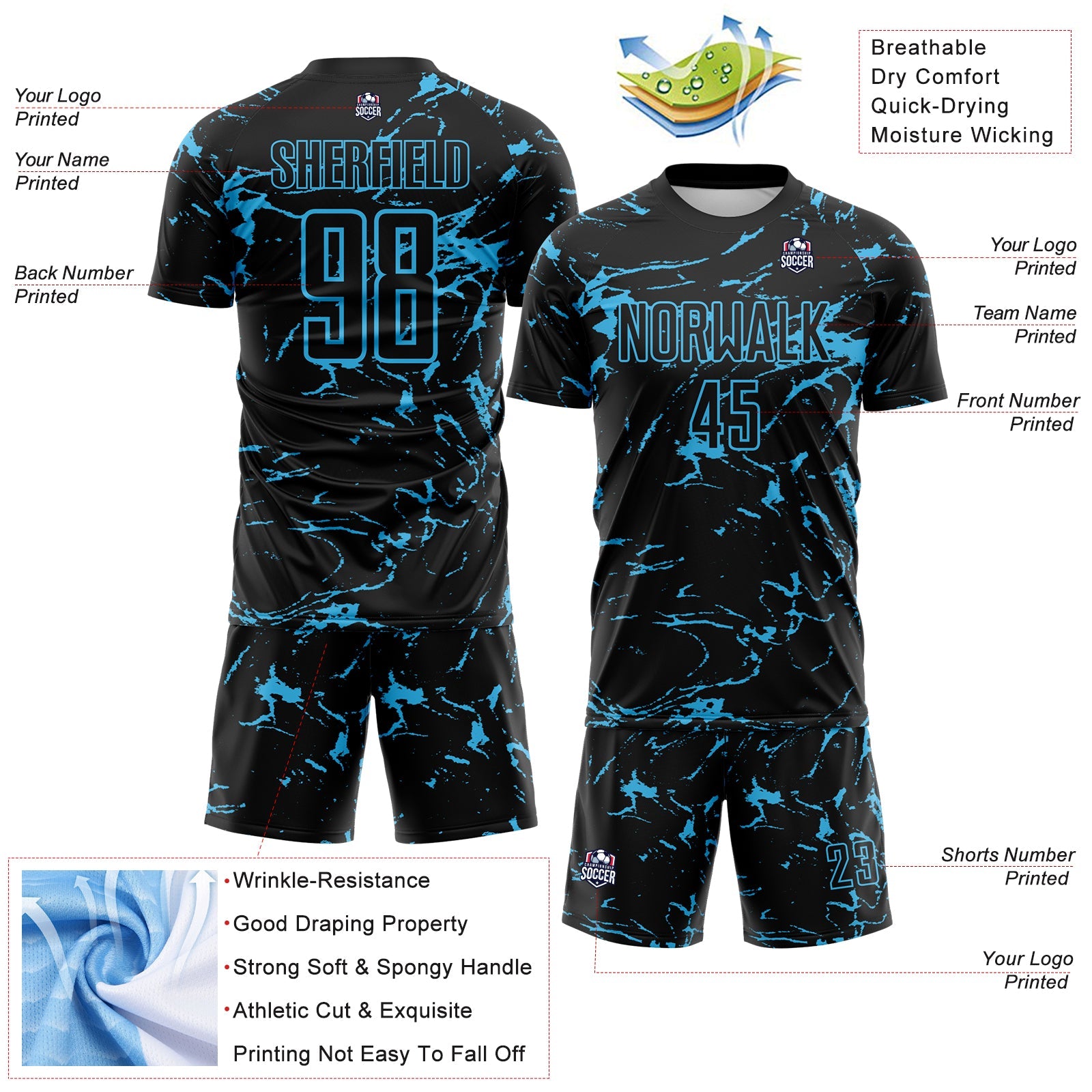 Custom Black-Sky Blue Abstract Fluid Marble Sublimation Soccer Uniform Jersey view 4